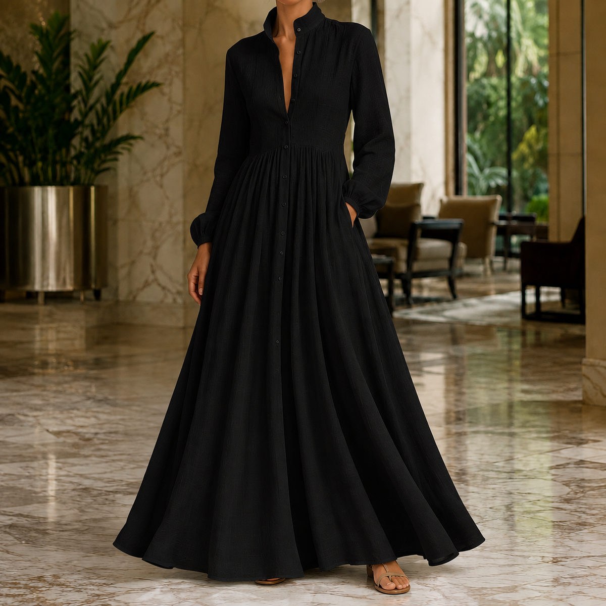 Evangeline Button-Front Maxi Dress - Women's Cotton Linen