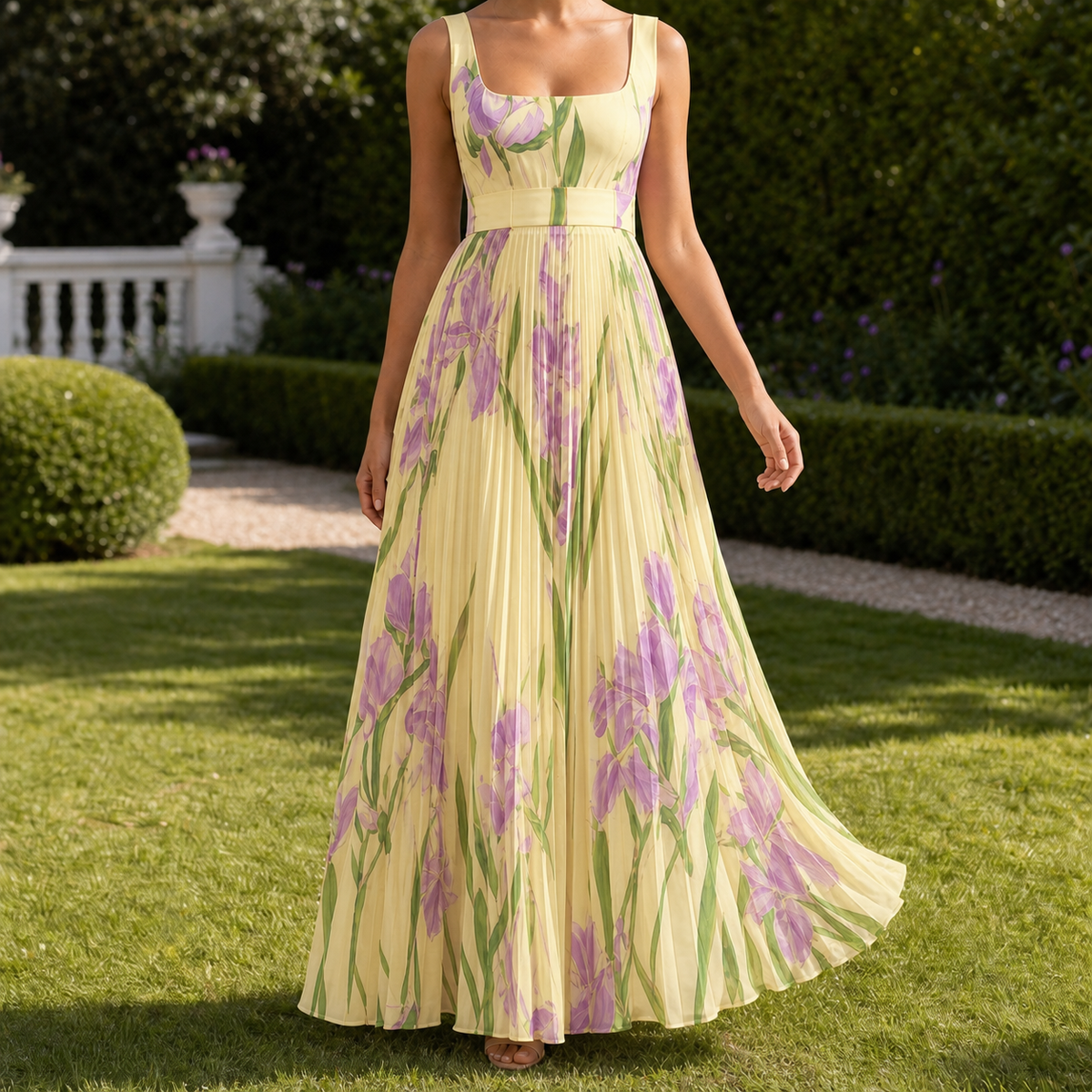 Orla-Grace Pleated Maxi Dress - Women's Square Neck Dress