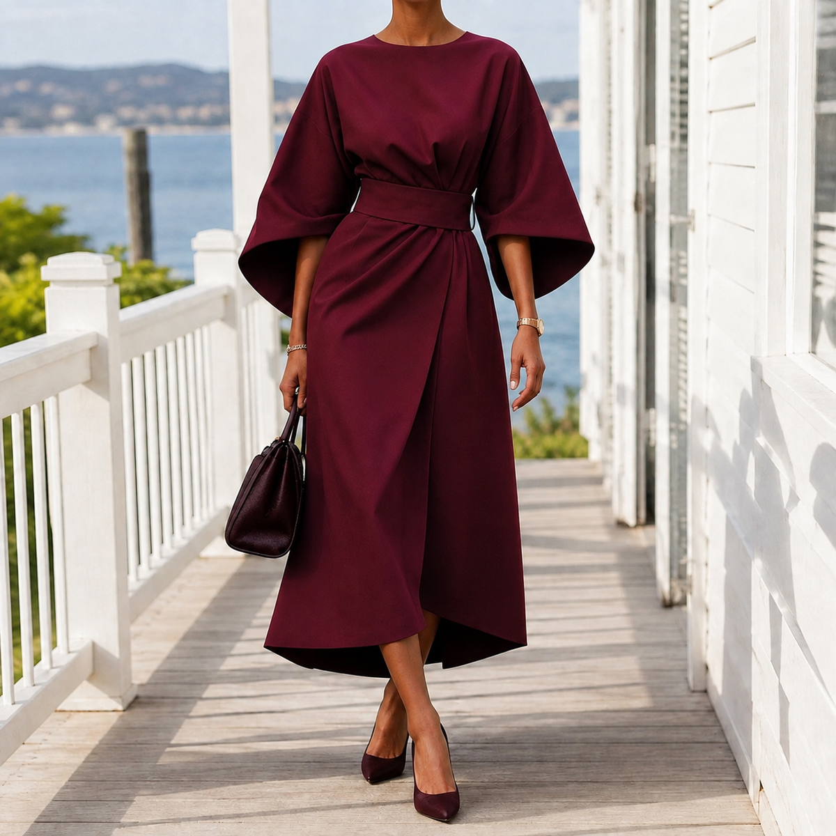 Astrid-Hope Belted Midi Dress - Women's Cape Sleeve Dress