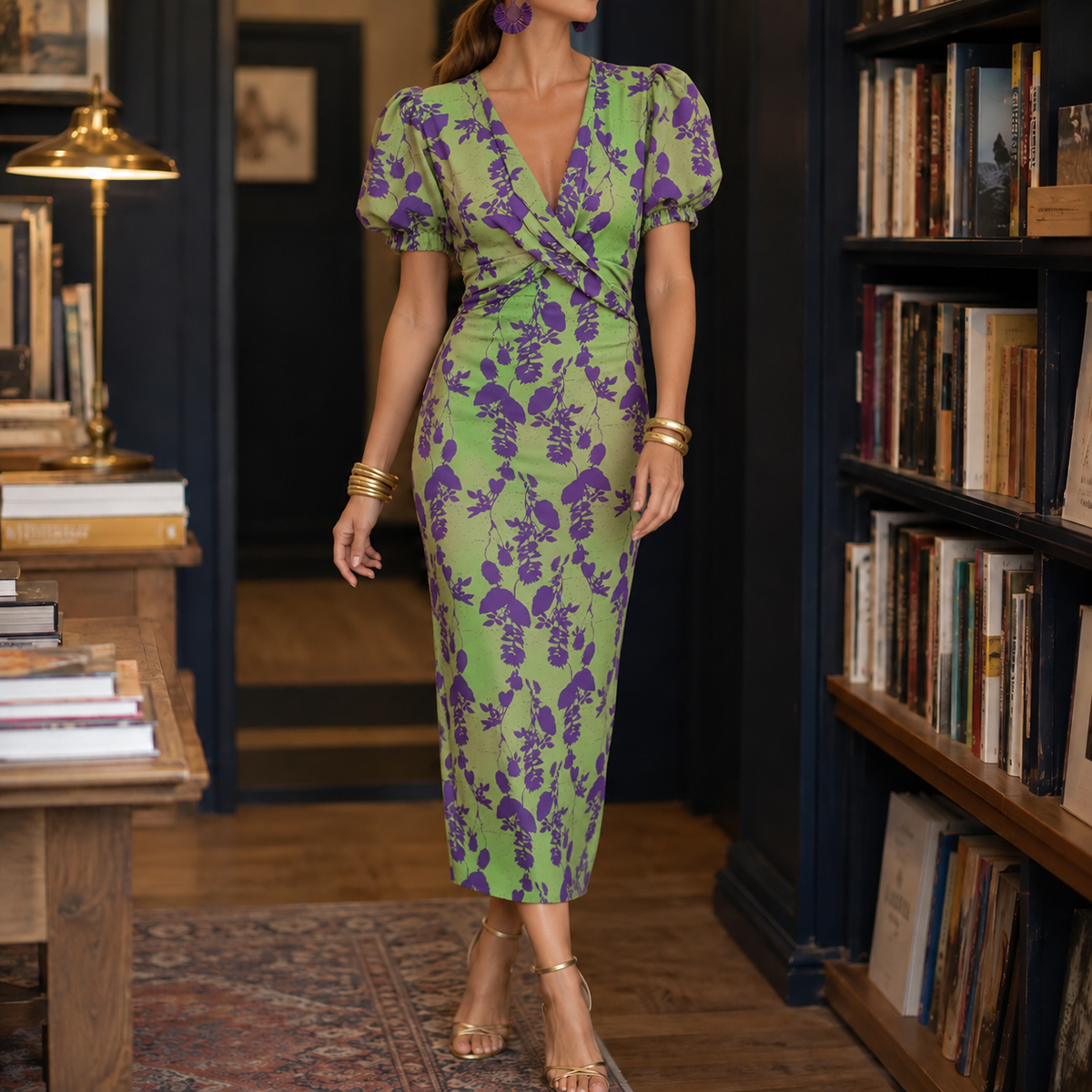 Greta-Mae V-Neck Dress - Women's Puff Sleeve Midi Dress