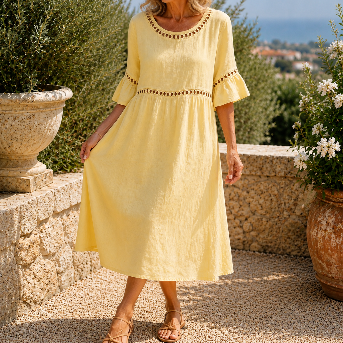 Estella-Rae Eyelet Midi Dress - Women's Linen Midi Dress