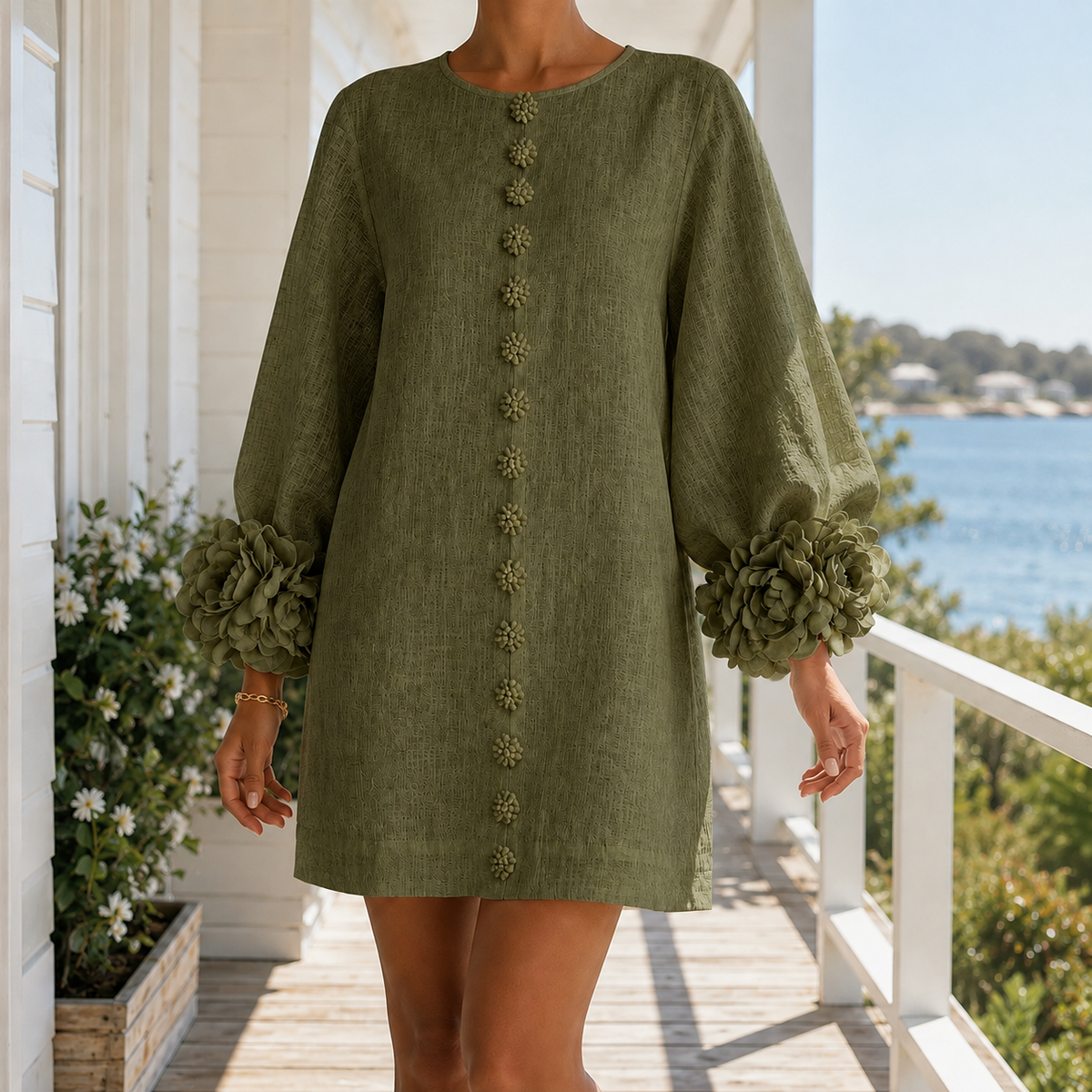 Freya-Claire Rosette Cuff Dress - Women's Mini Shift Dress