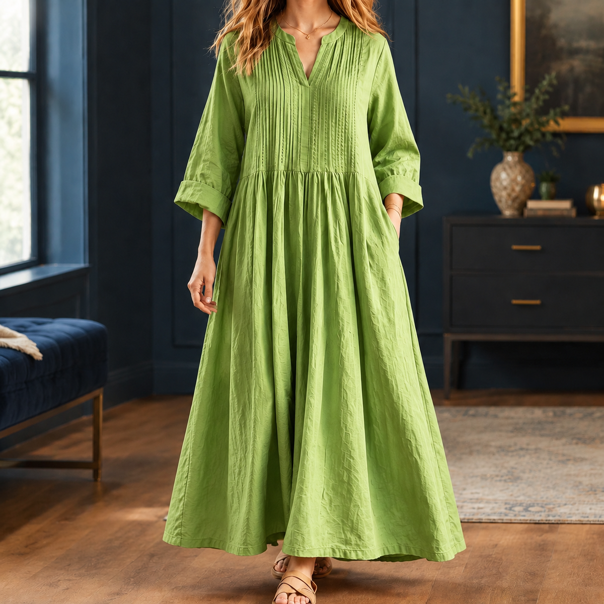 Violetta-Jade Pintuck Maxi Dress - Women's Loose Dress