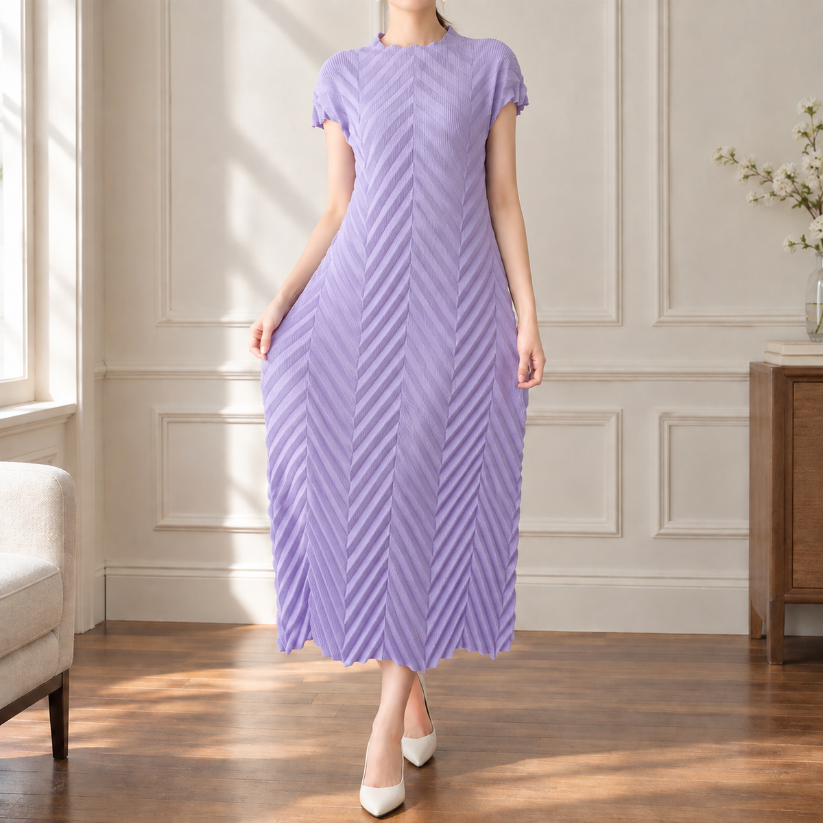 Cerys-Elise Chevron Dress - Women's Pleated Midi Dress