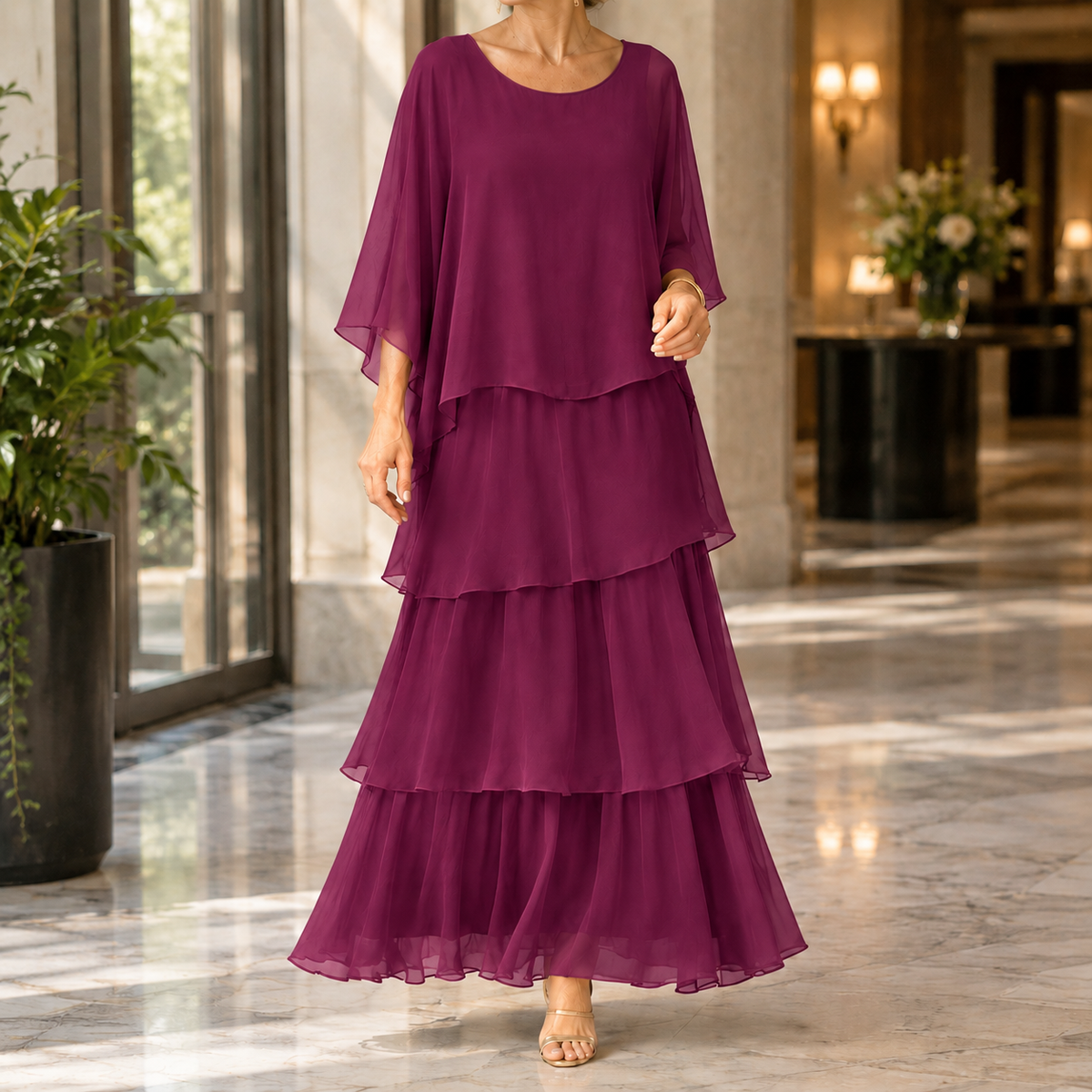 Theodora-Eve Layered Maxi Dress - Women's Cape Sleeve