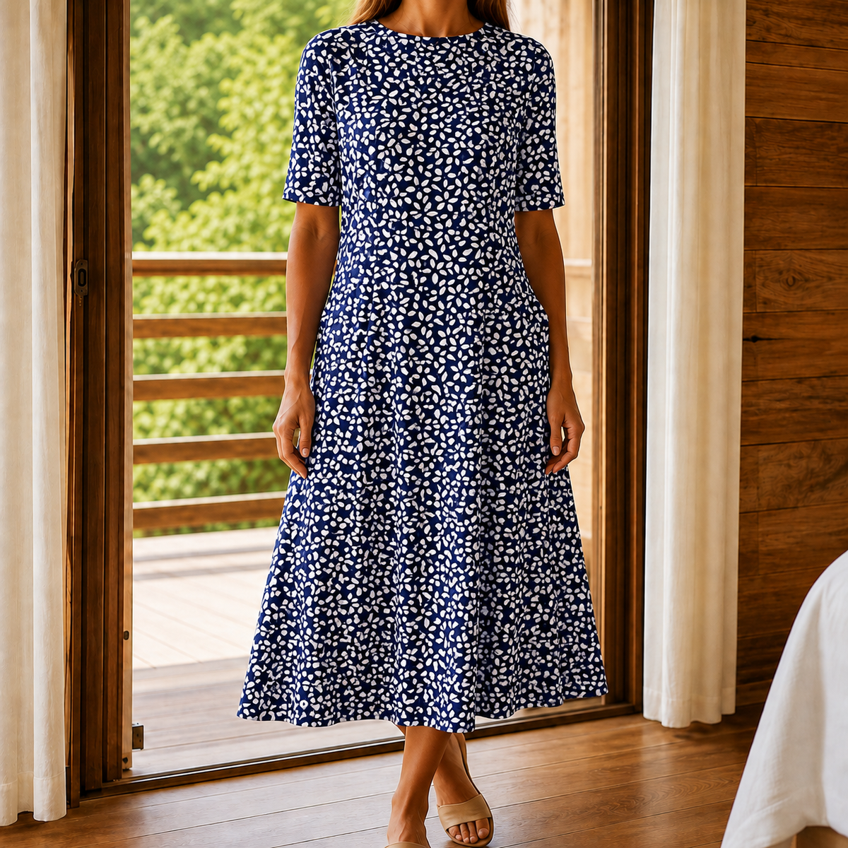 Eva Floral Midi Dress - Women's A-Line Dress with Pockets