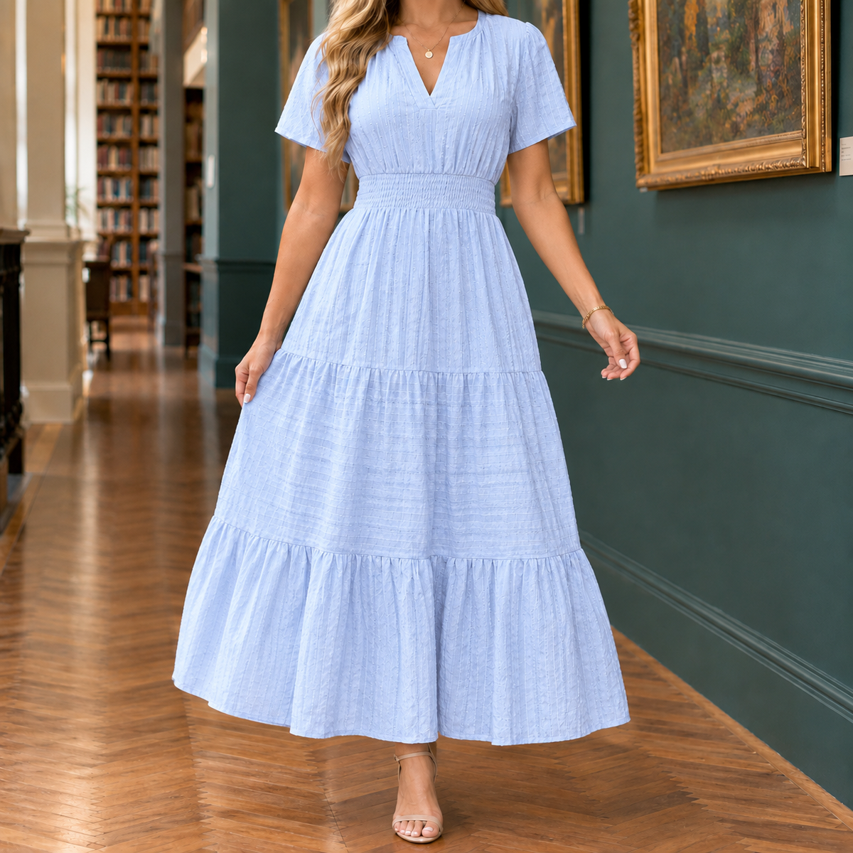 Sabina-Skye Tiered Midi Dress - Women's Shirred Waist Dress