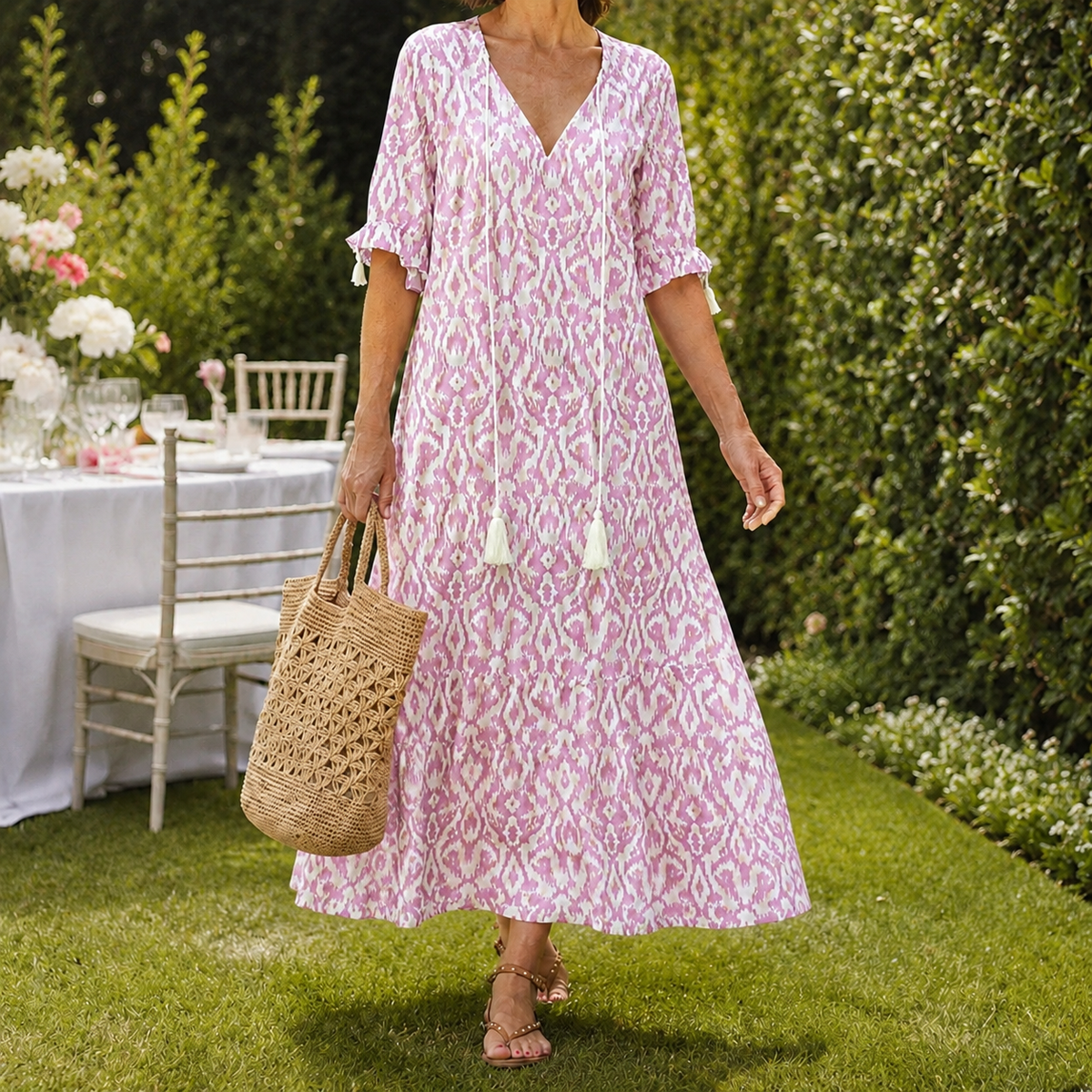Ada Ikat Maxi Dress - Women's Tassel Tie V-Neck Dress
