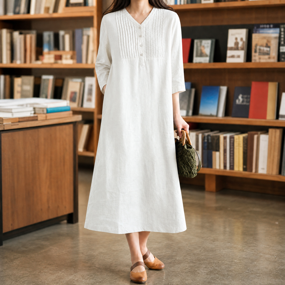 Veronique-Eve Pintuck Maxi Dress - Women's Linen Dress