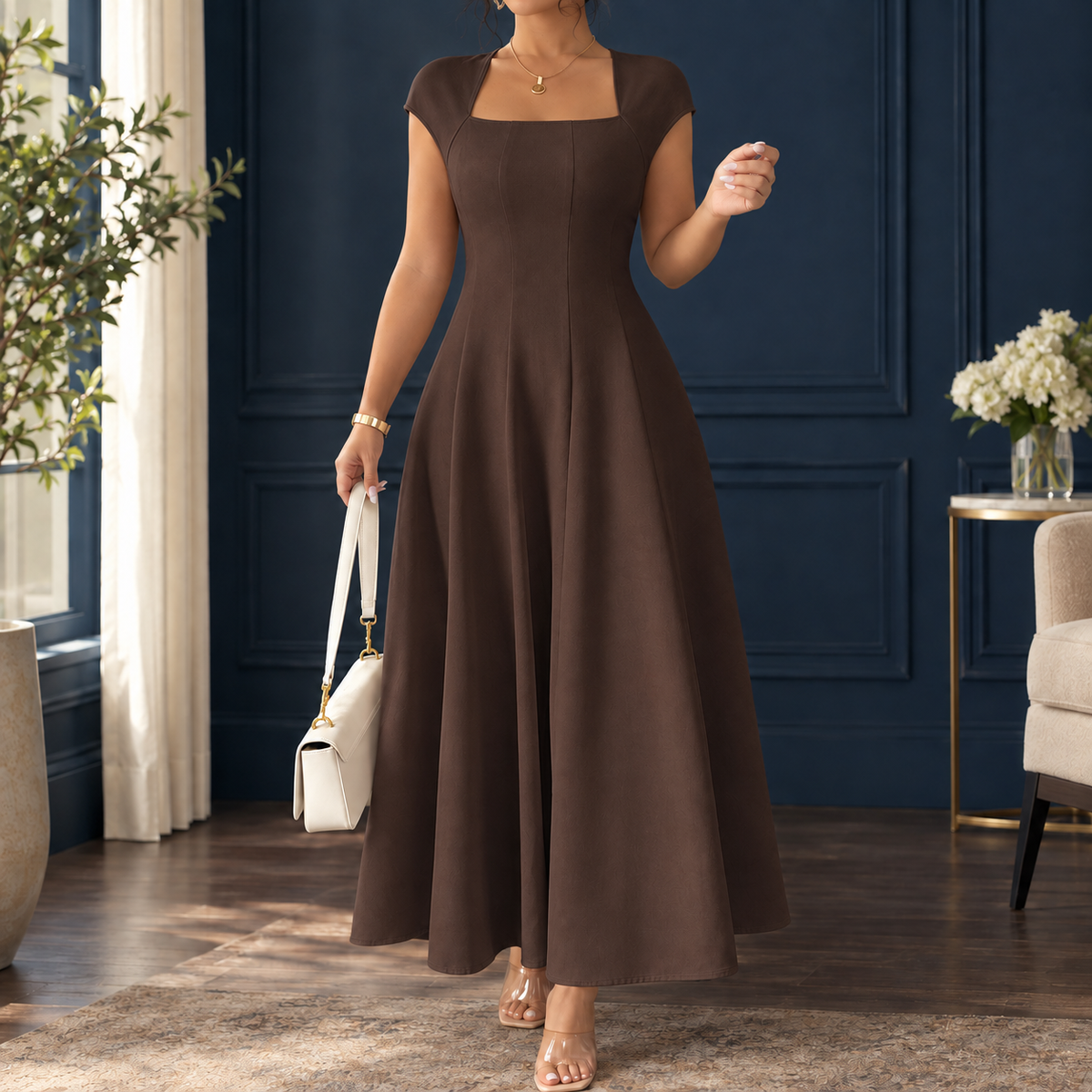 Zenobia-Belle A-Line Dress - Women's Square Neck Dress