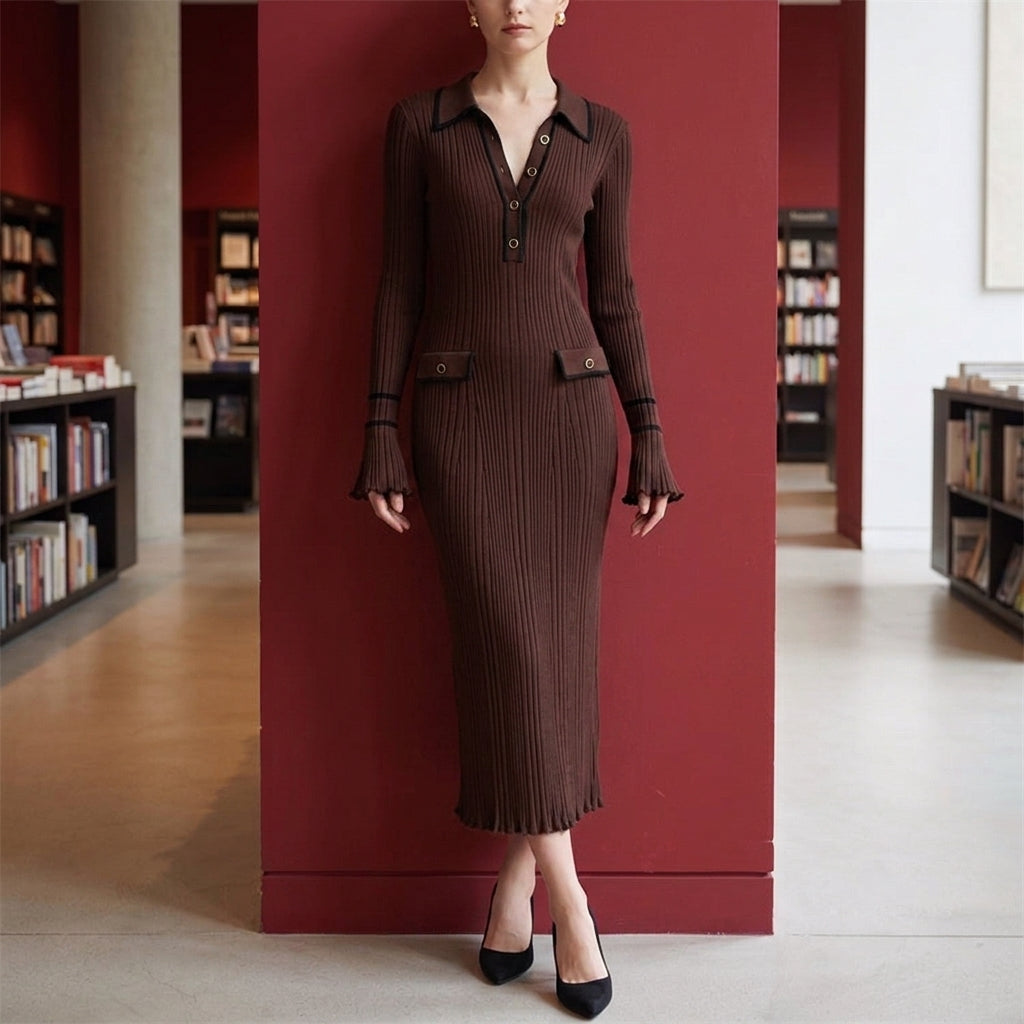 Amelie Ribbed Midi Dress - Women's Polo Collar Dress