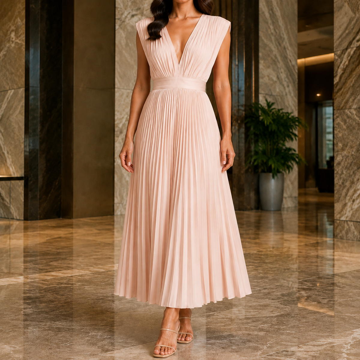 Marisol-Skye Pleated Maxi Dress - Women's V-Neck Dress