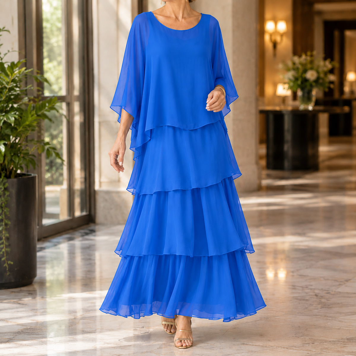 Theodora-Eve Layered Maxi Dress - Women's Cape Sleeve