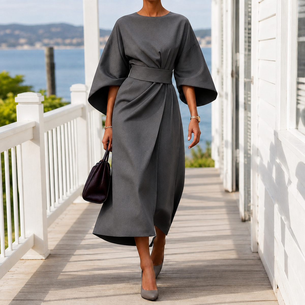Astrid-Hope Belted Midi Dress - Women's Cape Sleeve Dress