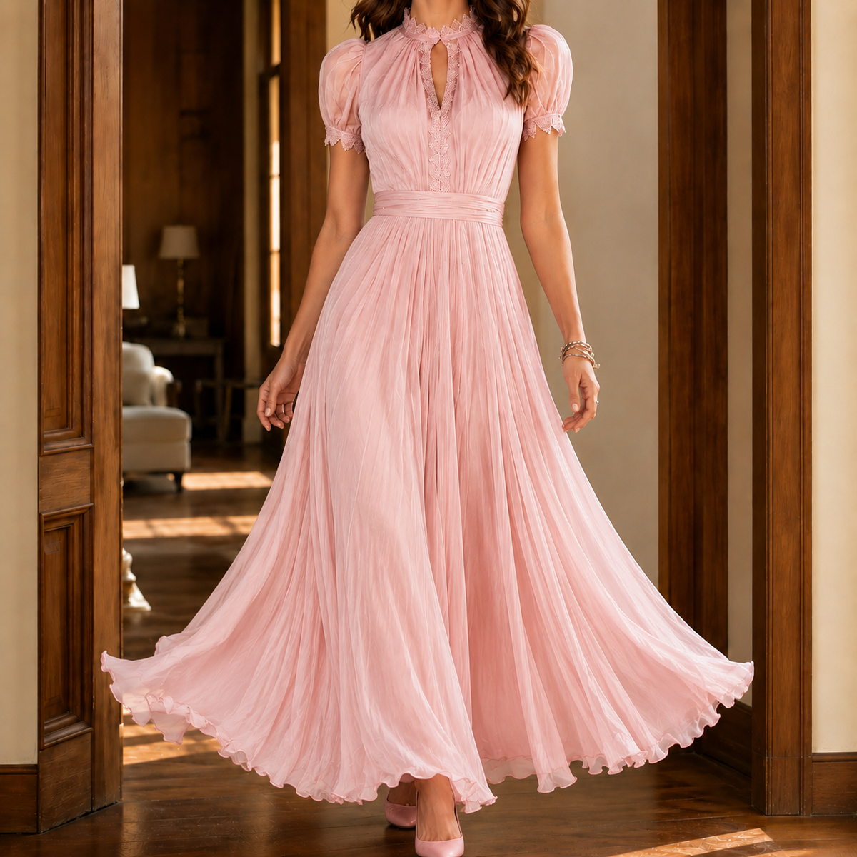 Theodora-Mae Keyhole Maxi Dress - Women's Puff Sleeve Dress