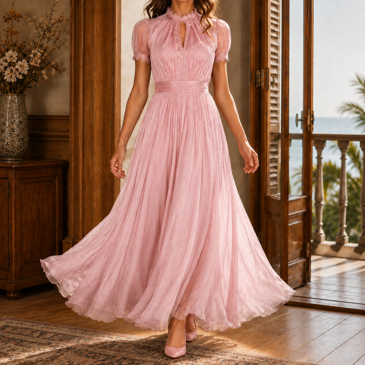 Theodora-Mae Keyhole Maxi Dress - Women's Puff Sleeve
