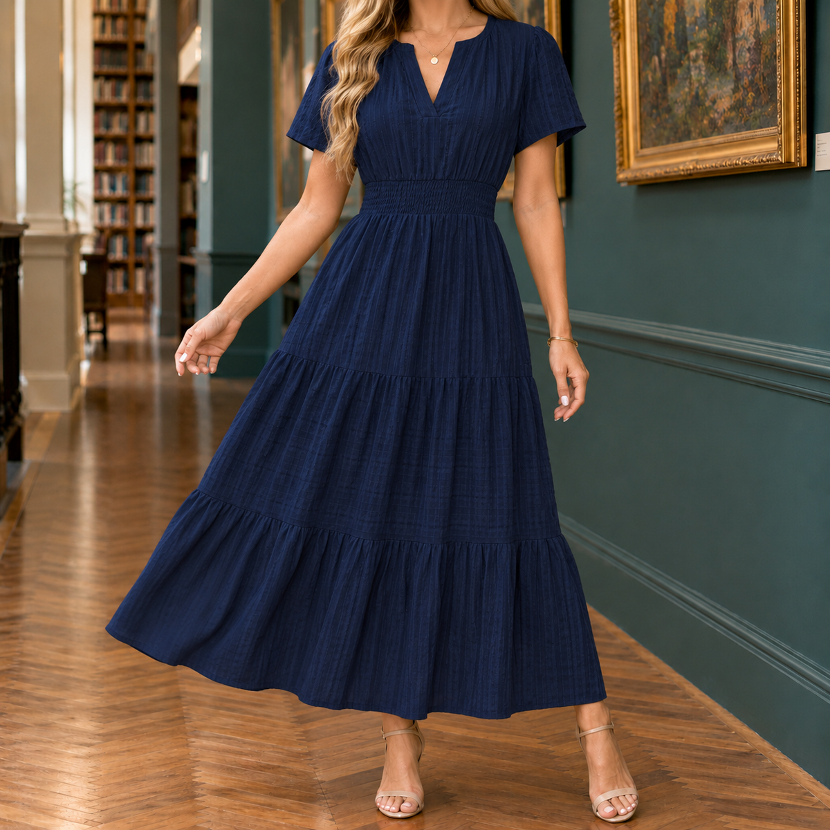 Sabina-Skye Tiered Midi Dress - Women's Shirred Waist Dress