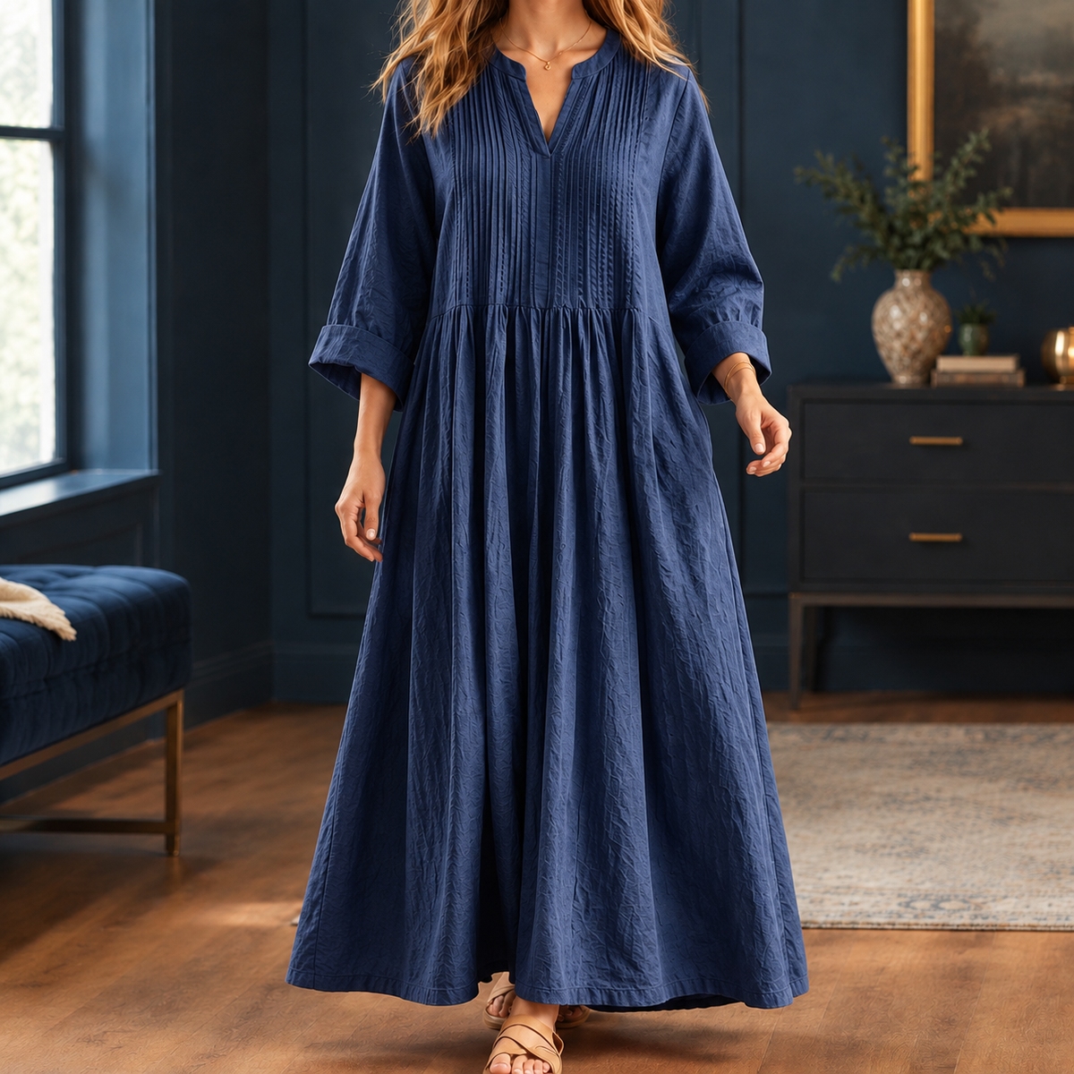 Violetta-Jade Pintuck Maxi Dress - Women's Loose Dress
