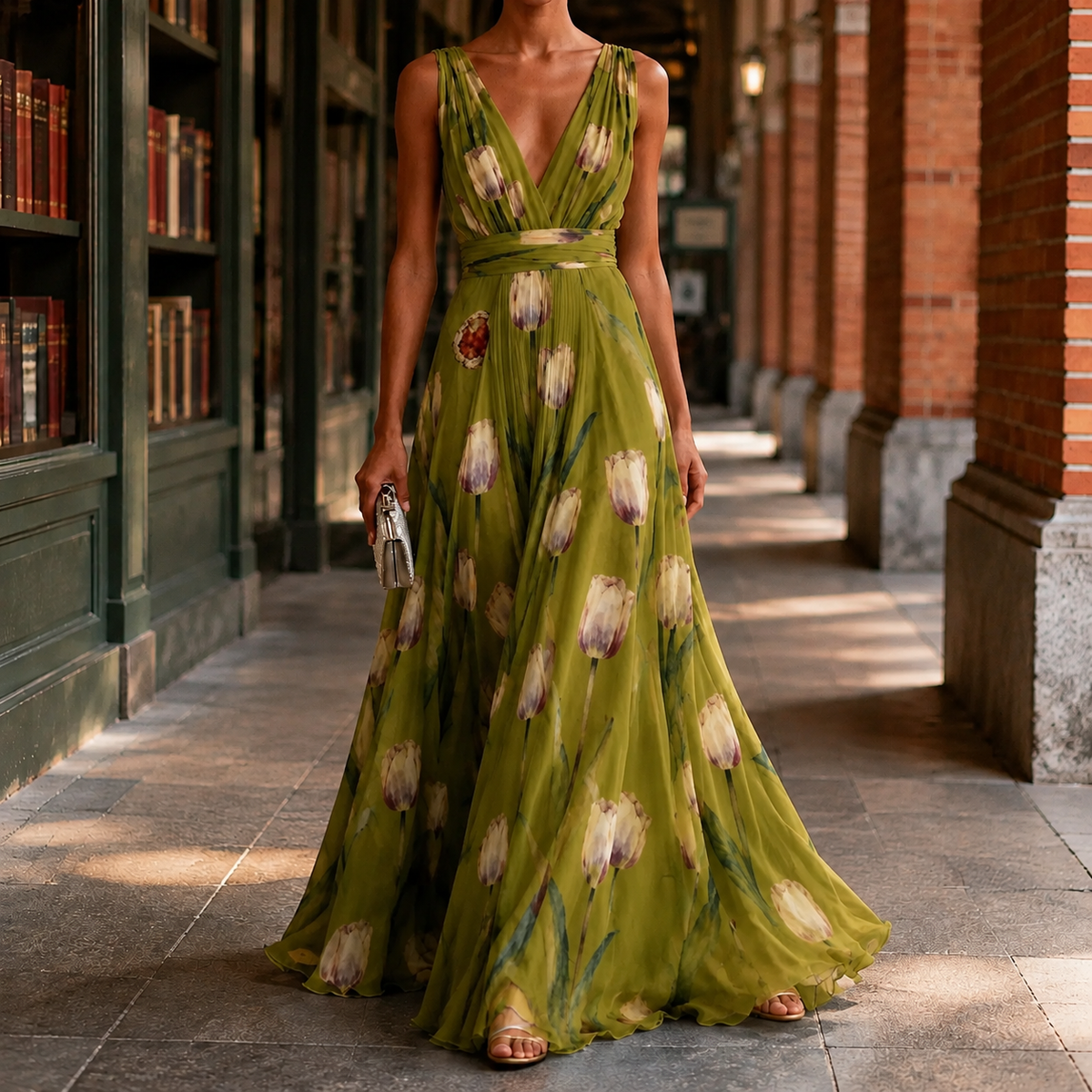 Annabel-Lane Deep V Dress - Women's Floral Maxi Dress