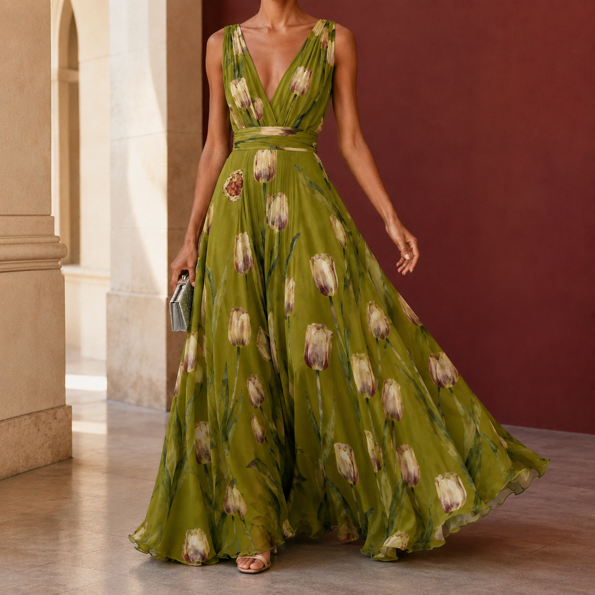 Annabel-Lane Plunge Maxi Dress - Women's Print Dress