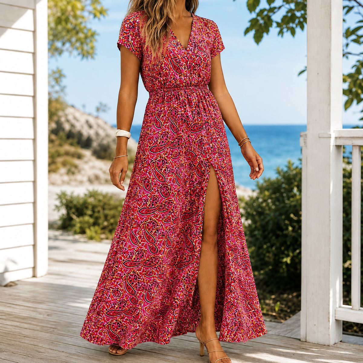 Alba-June Wrap Maxi Dress - Women's Side Slit Dress