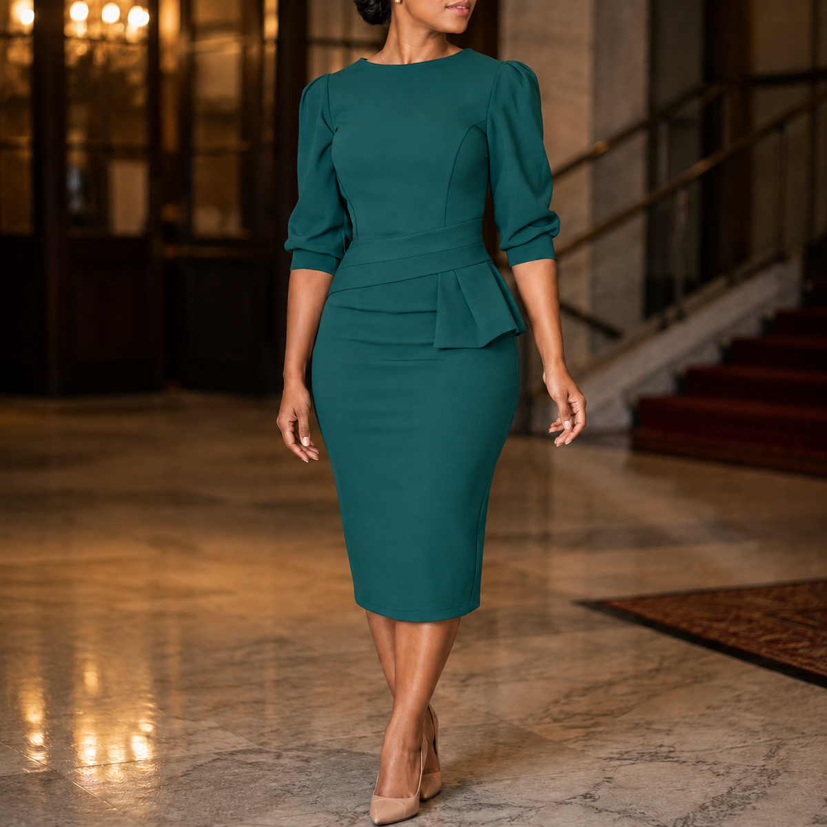 Liora-Claire Peplum Dress - Women's Midi Work Dress