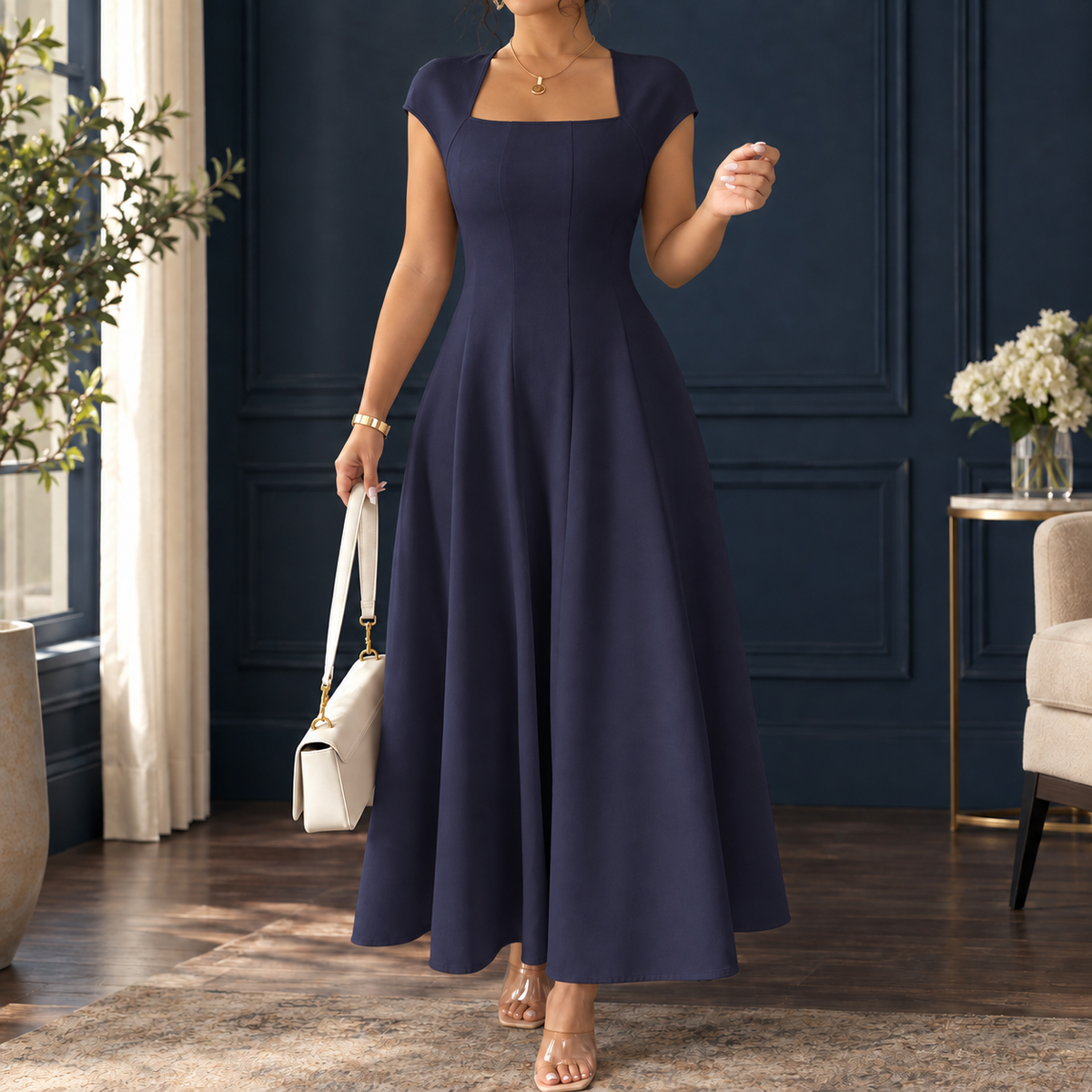 Zenobia-Belle A-Line Dress - Women's Square Neck Dress