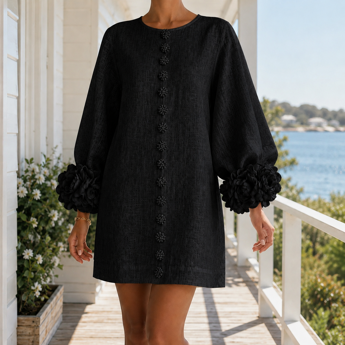 Freya-Claire Rosette Cuff Dress - Women's Mini Shift Dress