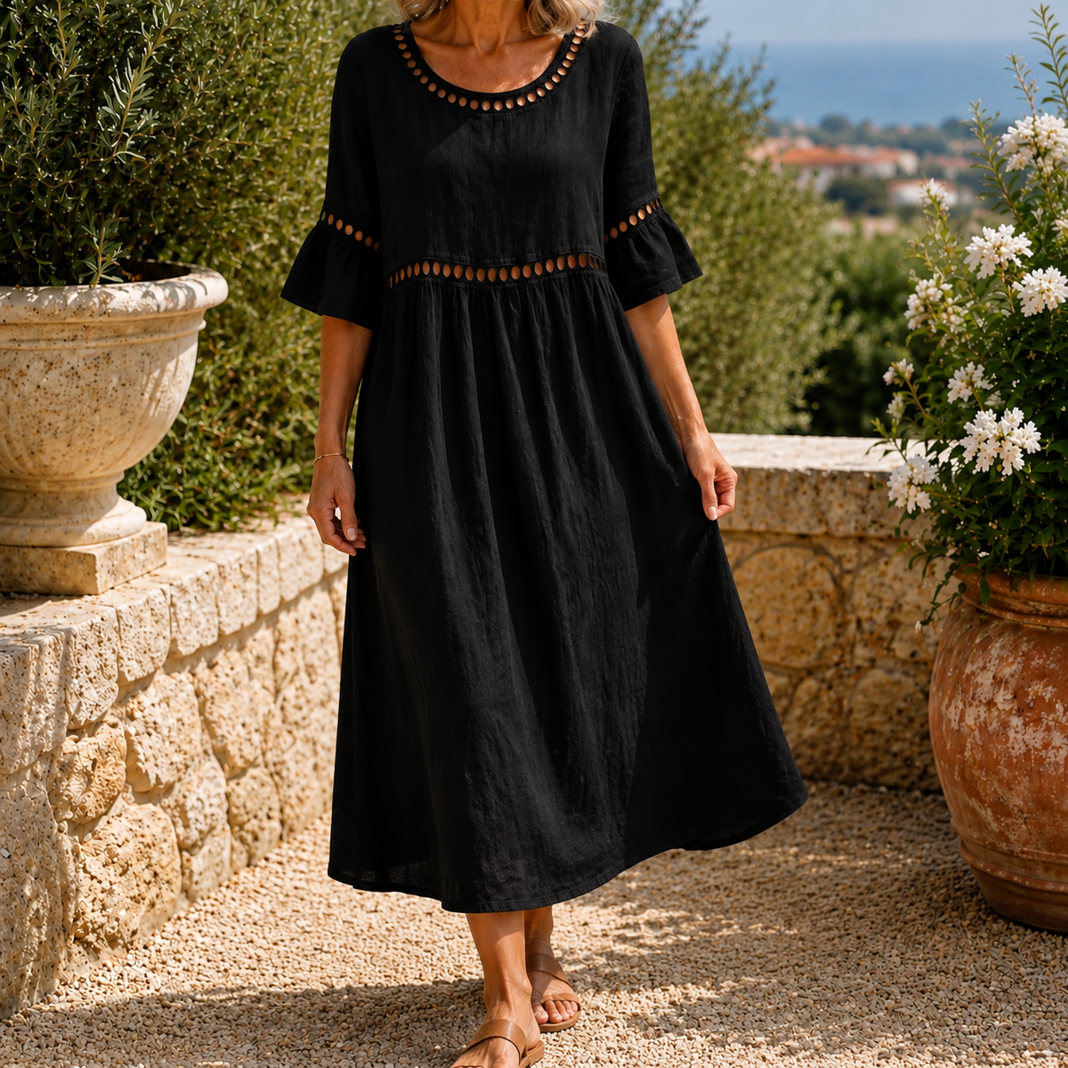 Estella-Rae Eyelet Midi Dress - Women's Linen Midi Dress