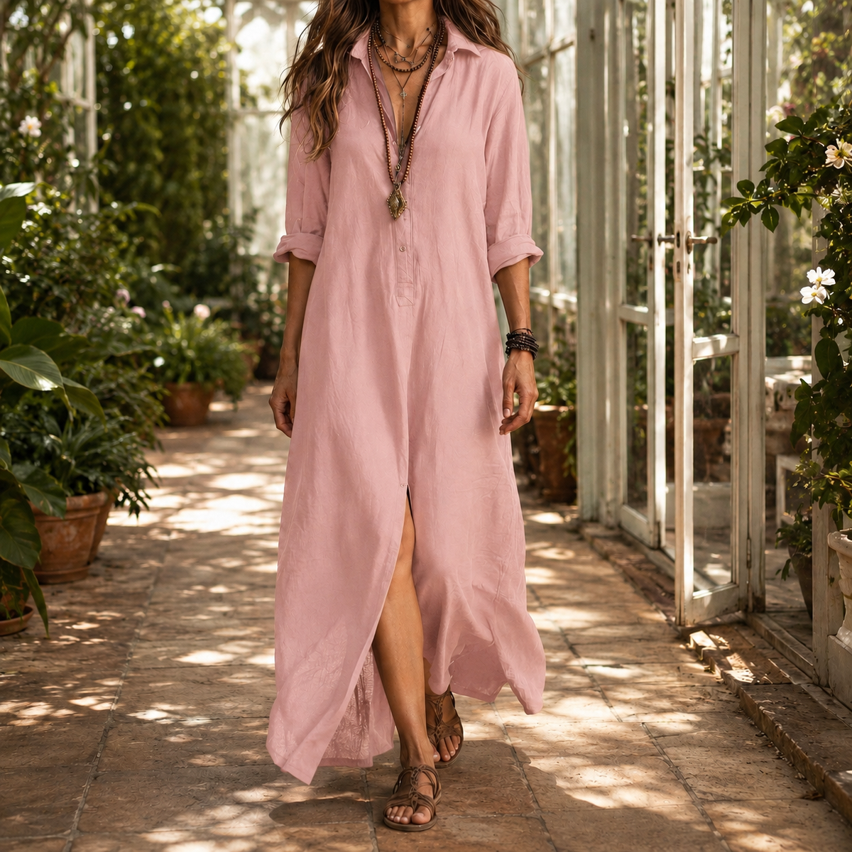 Estella-Mae Maxi Shirt Dress - Cotton-Linen Women's Dress