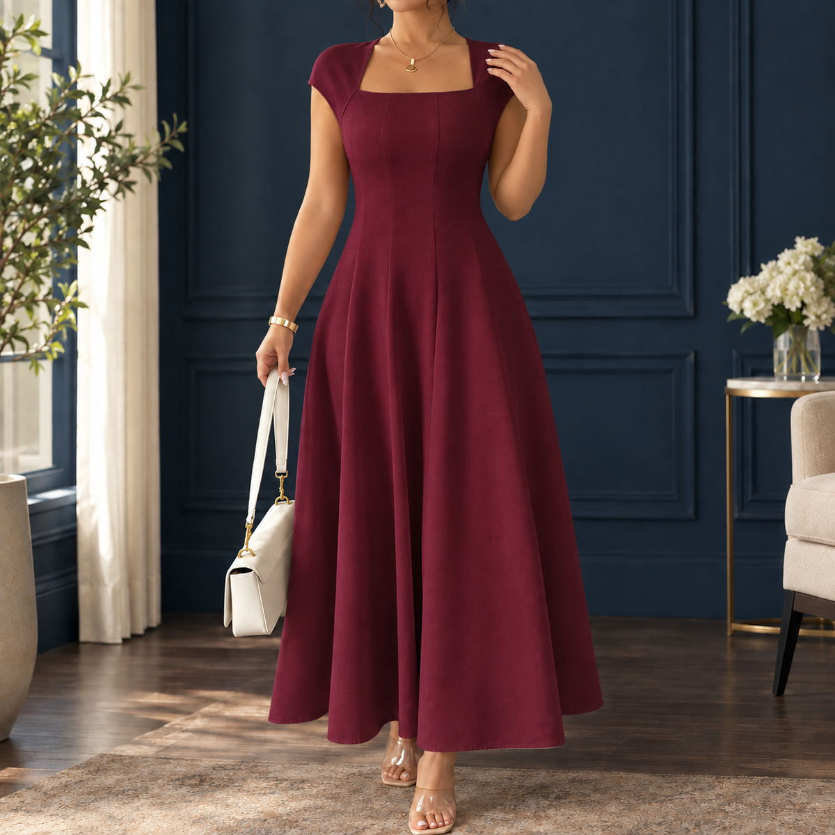 Zenobia-Belle A-Line Dress - Women's Square Neck Dress