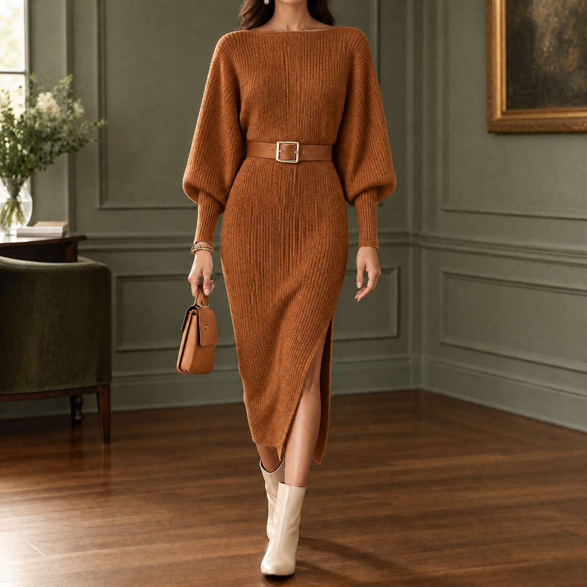 Naomi-Sage Ribbed Midi Dress - Women's Belted Knit Dress
