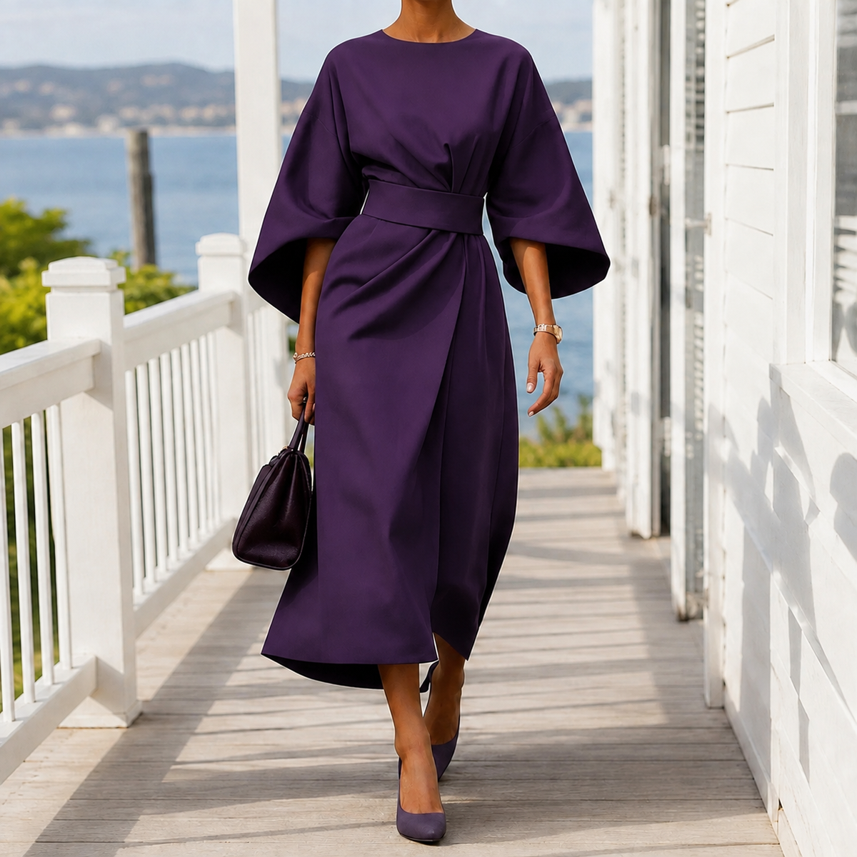 Astrid-Hope Belted Midi Dress - Women's Cape Sleeve Dress