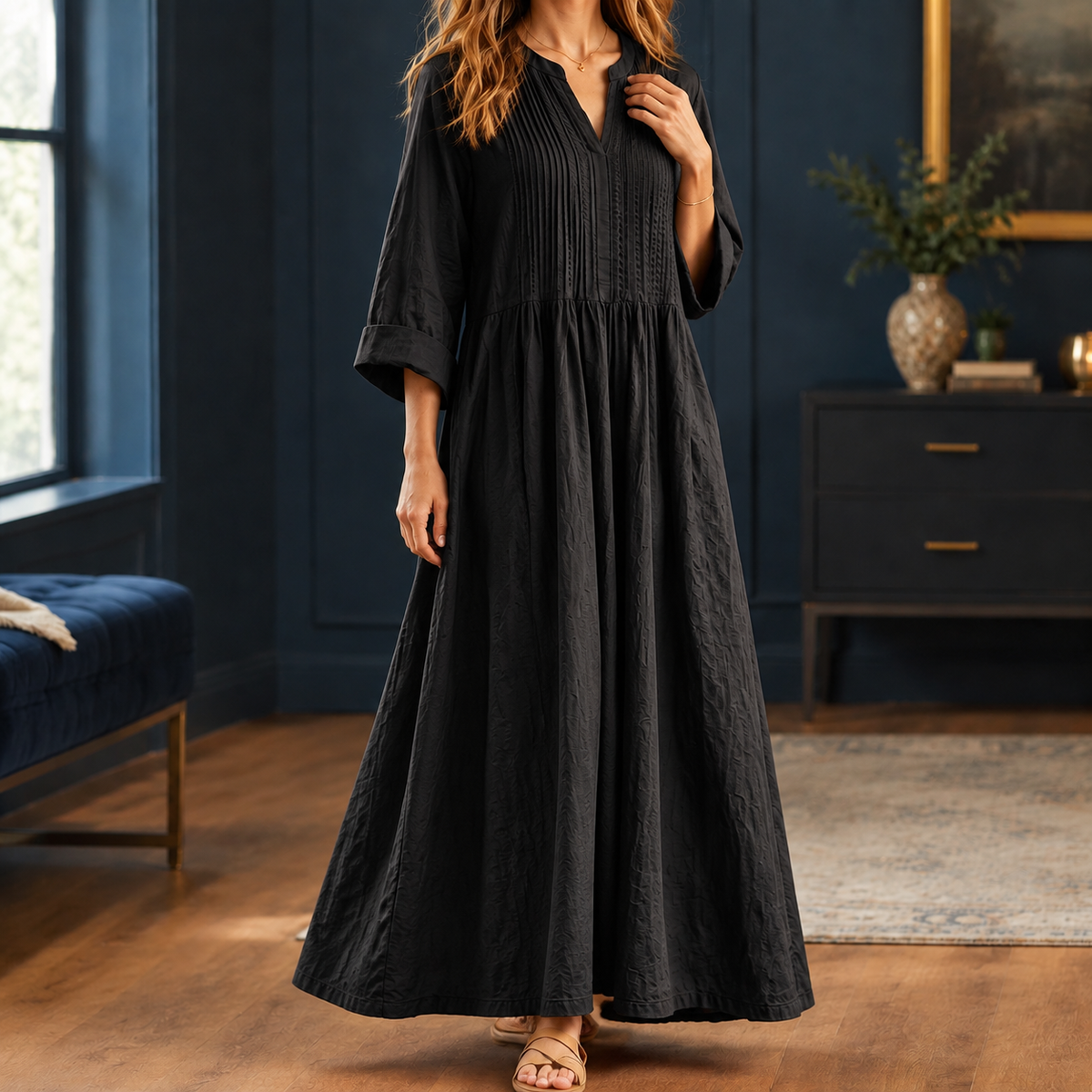 Violetta-Jade Pintuck Maxi Dress - Women's Loose Dress