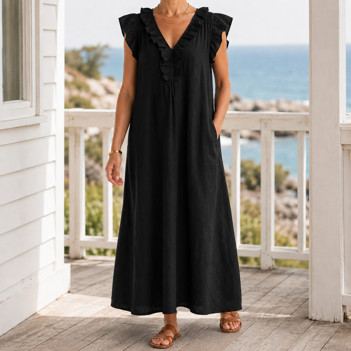 Carmen-Eve Ruffle Maxi Dress - Women's Linen Maxi Dress