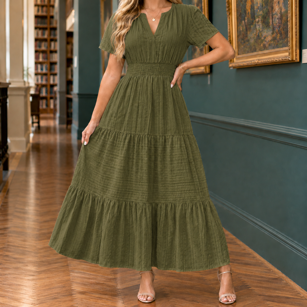 Sabina-Skye Tiered Midi Dress - Women's Shirred Waist Dress