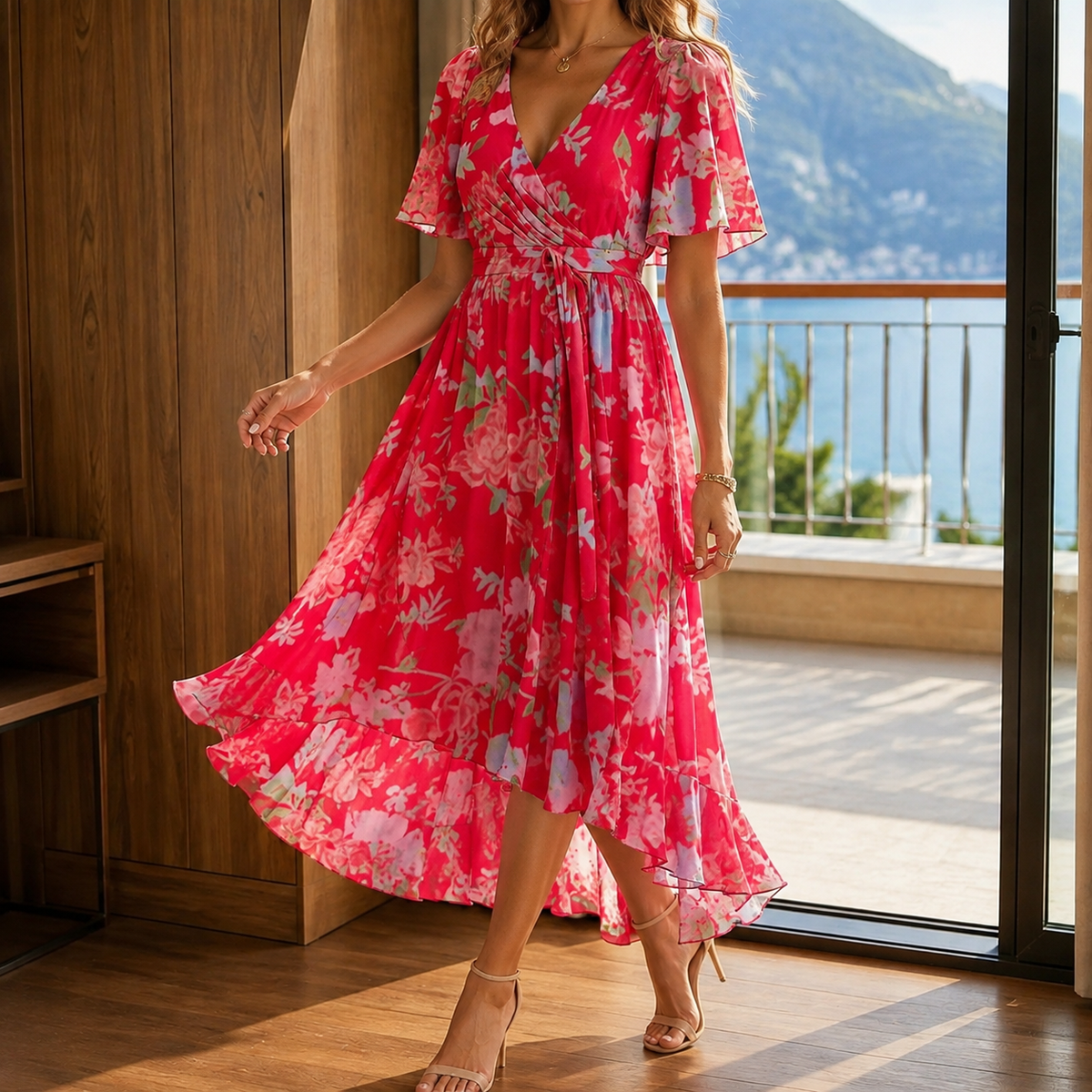 Elodie Wrap Midi Dress - Women's High-Low Hem Dress