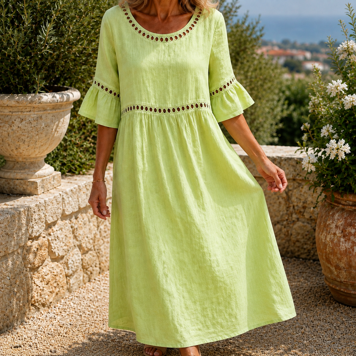 Estella-Rae Eyelet Midi Dress - Women's Linen Midi Dress