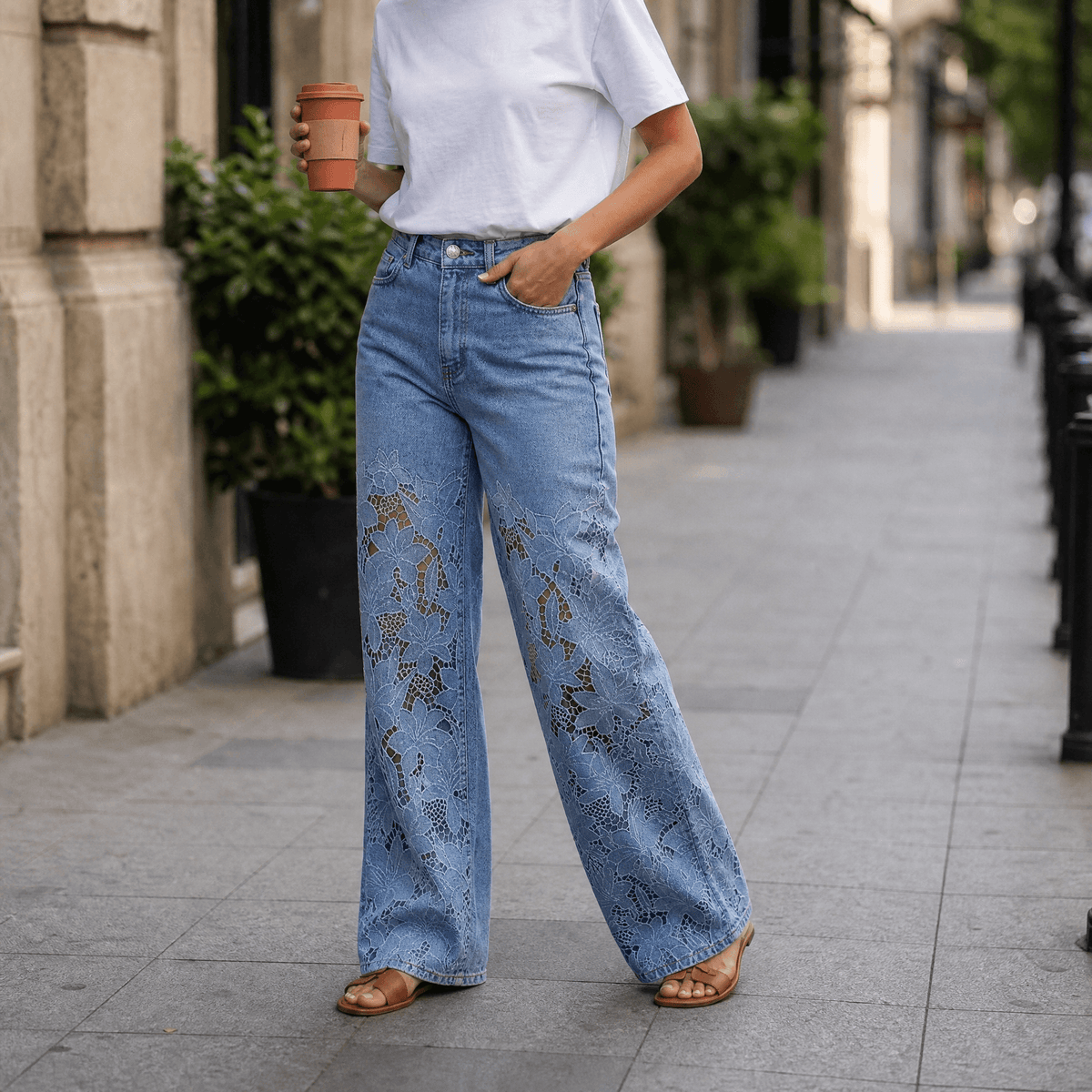 Laceveil Lace Jeans - Women's Floral Lace Wide Leg Jeans