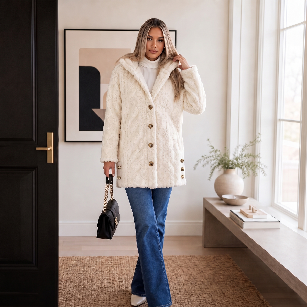 Wearbella Diamond Jacquard Hooded Coat - Women's Plush Coat