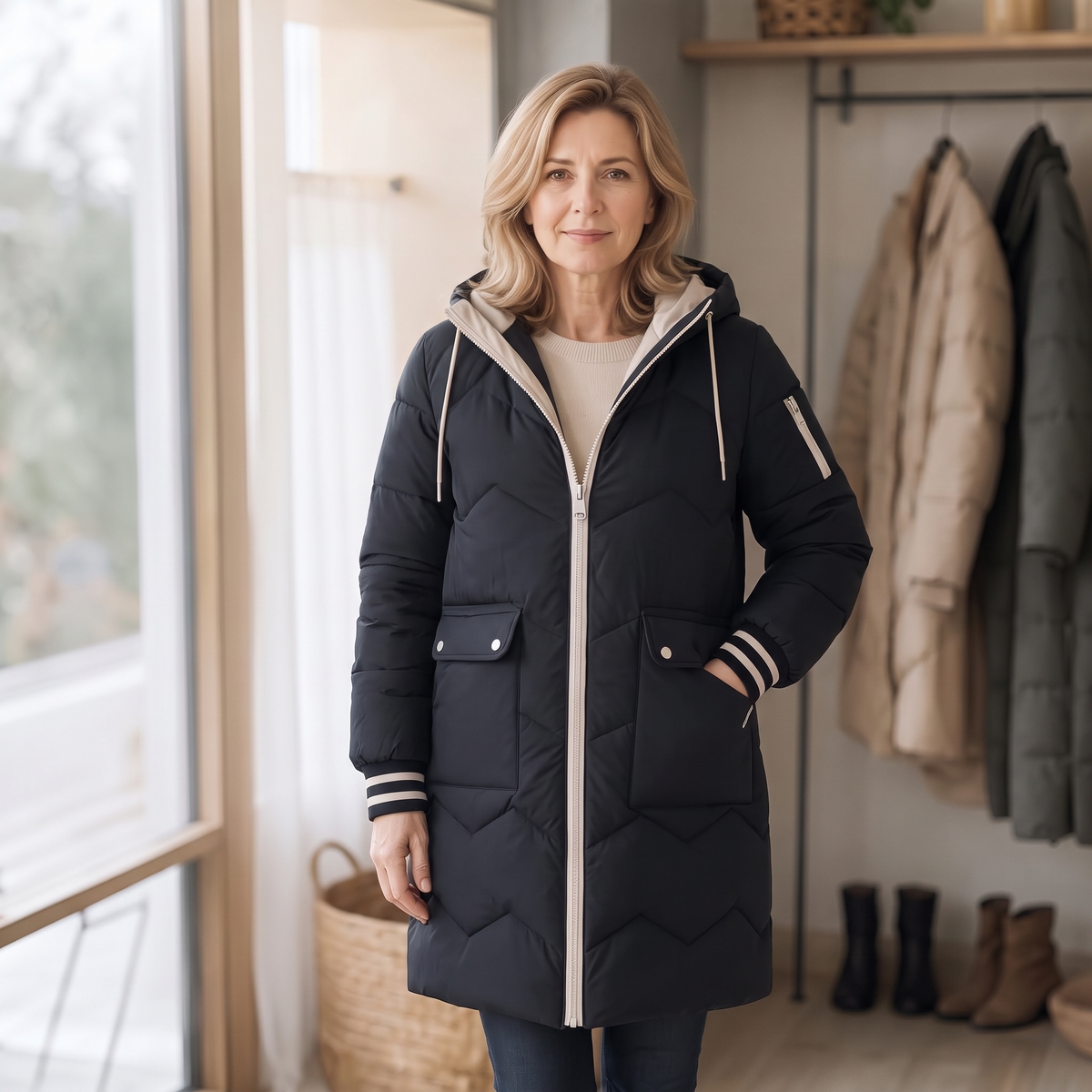 Cozyelle Puffer Coat - Hooded Mid-Length Women's Coat