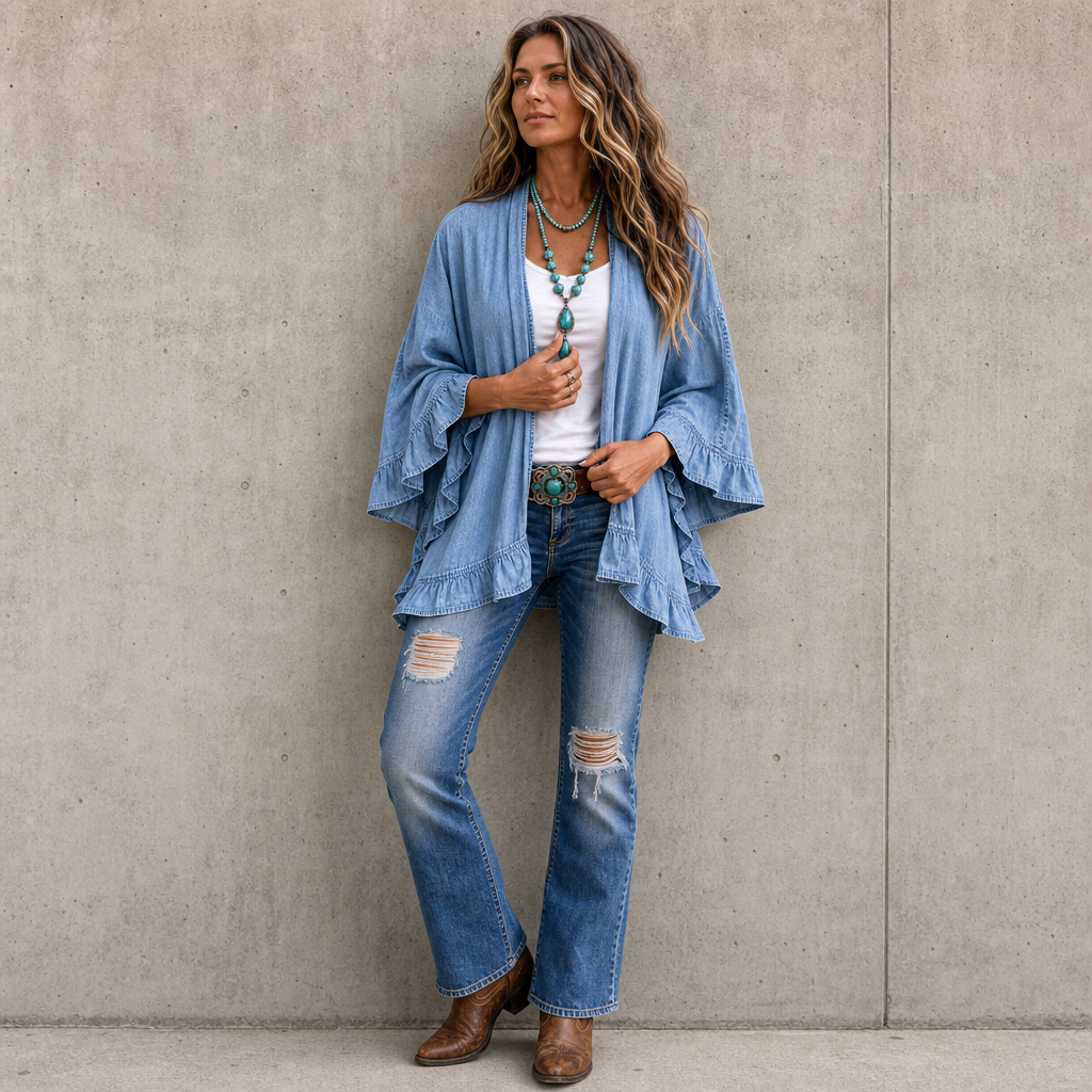 Ruffledenim Cardigan - Women's Ruffle Trim Denim Look Layer