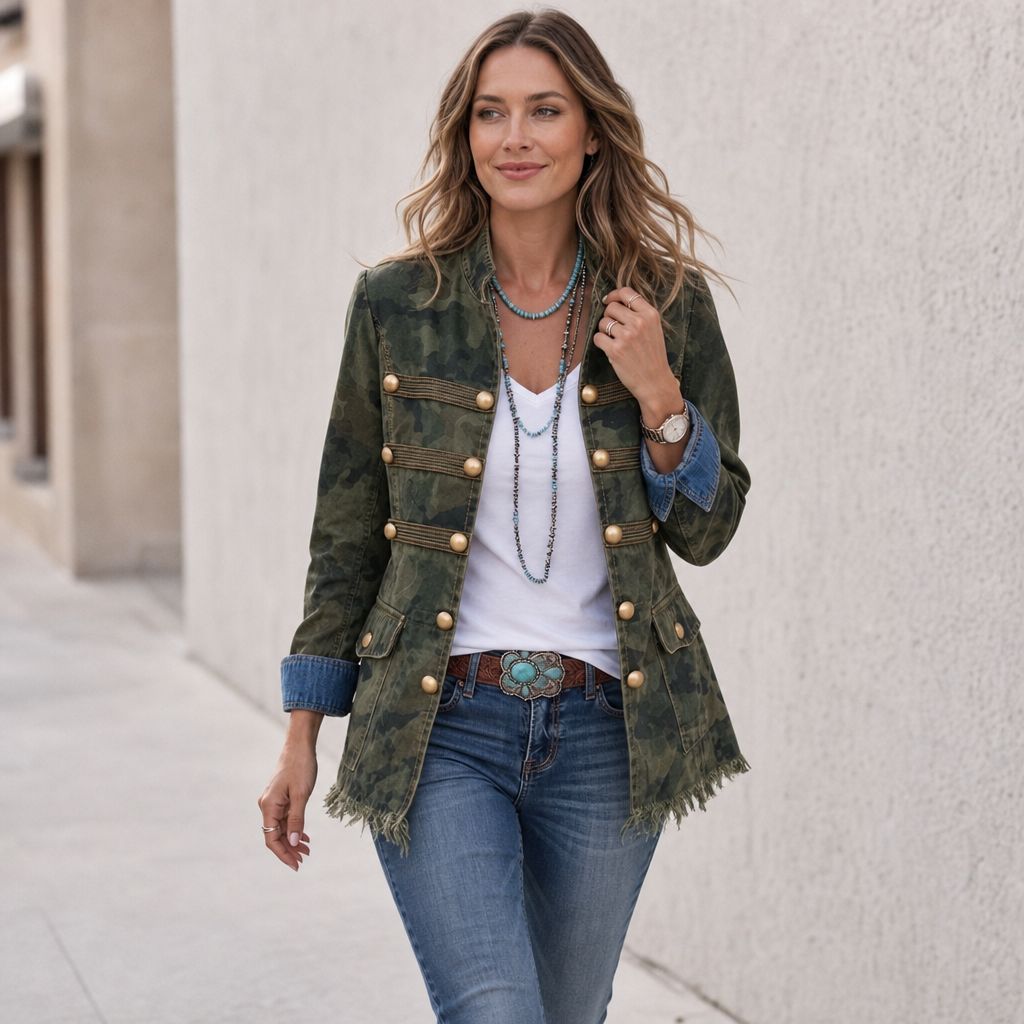 Gilded Rebel Camo Denim Jacket - Gold Button Women's Jacket