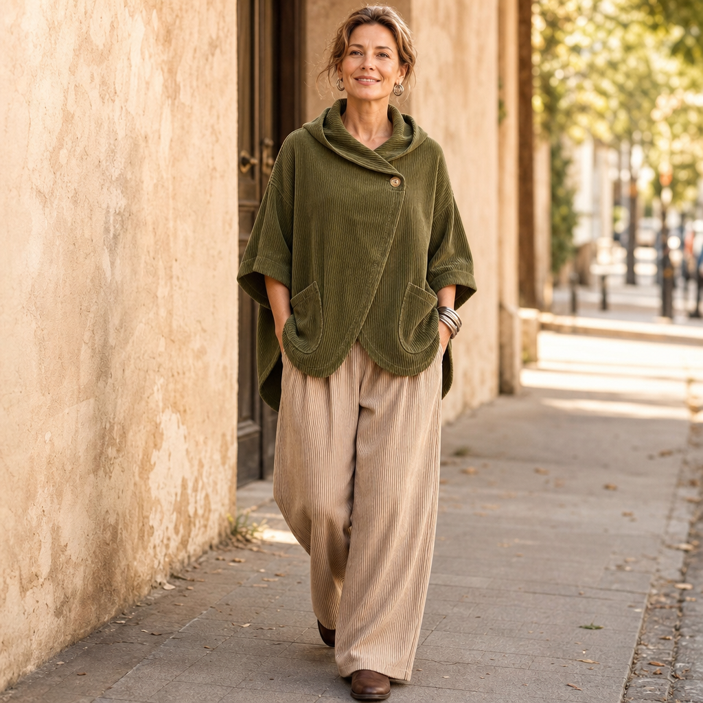 Draperly Corduroy Poncho - Hooded Women's Asymmetric Top