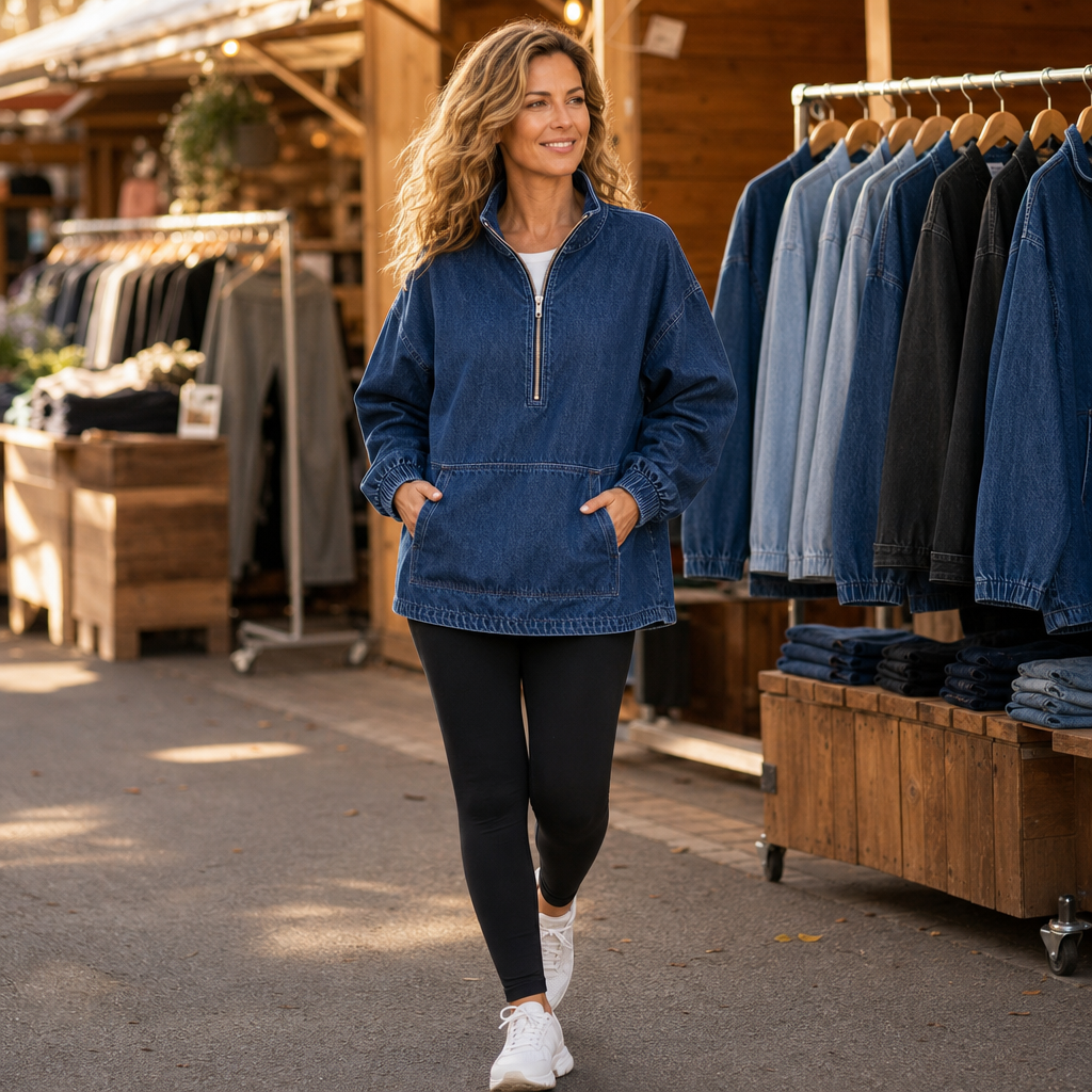 Half-Zip Haven Pullover - Washed Denim-Look Women's Top