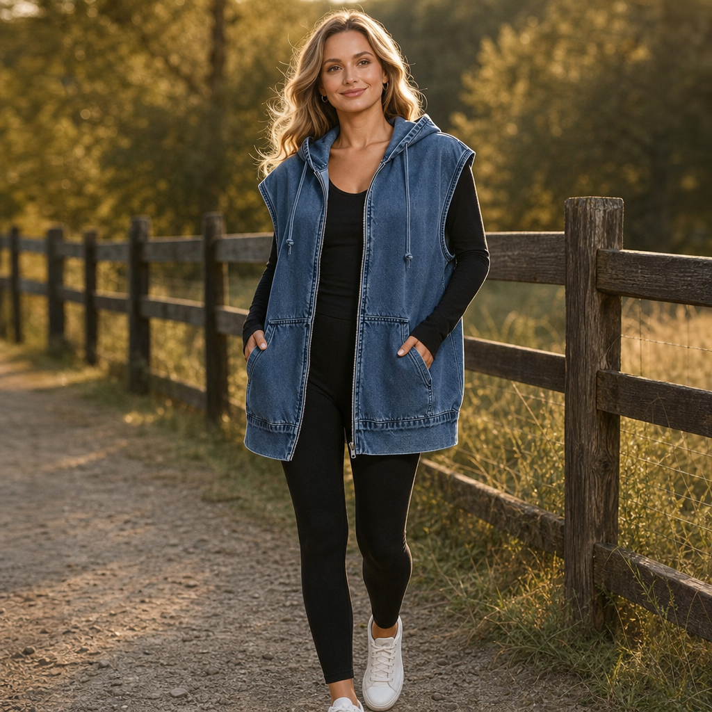 Wearbella Hooded Denim Look Vest - Women's Oversized Gilet
