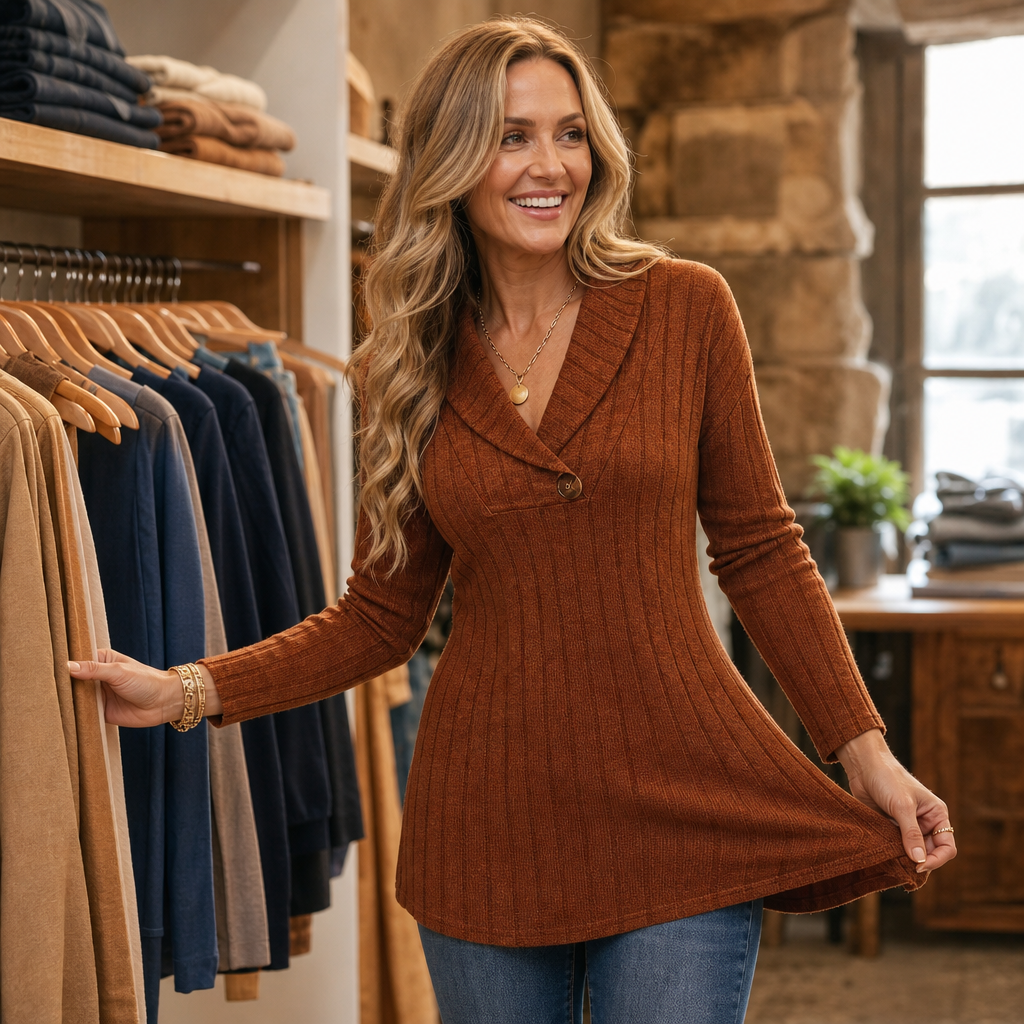 Curvella Ribbed V-Neck Top - Women's Slim Knit Top
