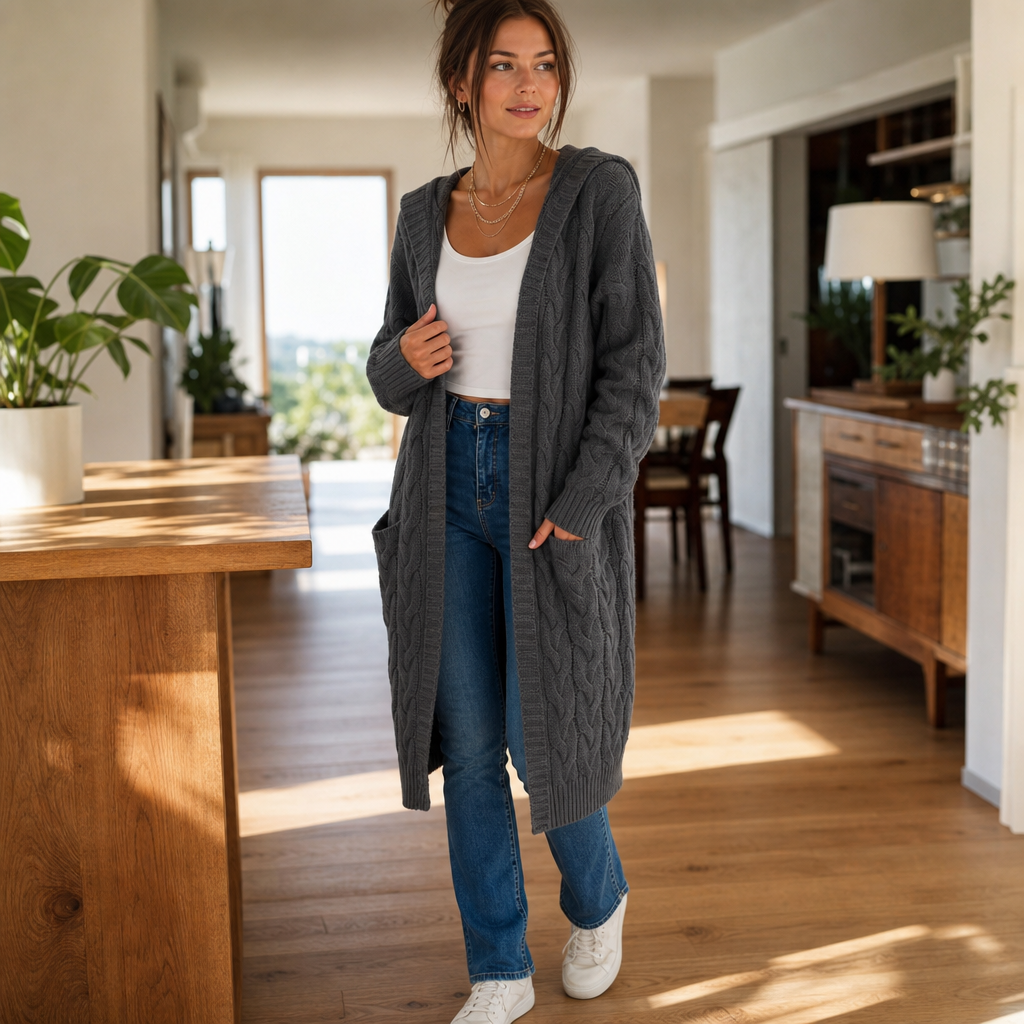 Wrapetta Cable Knit Cardigan - Women's Longline Hooded Knit