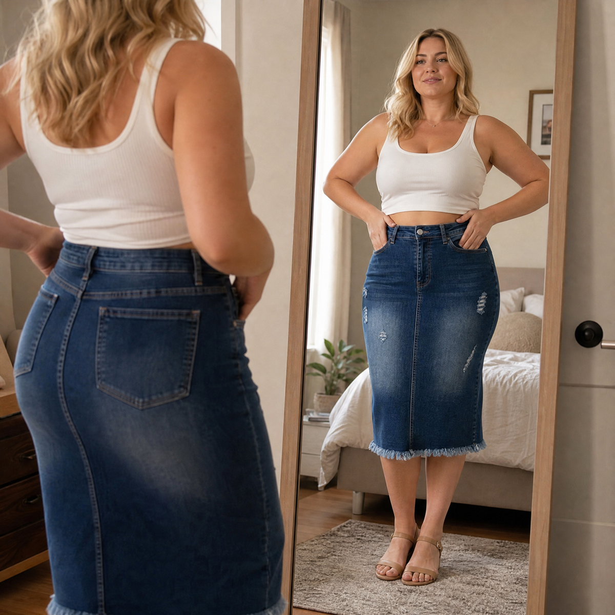 Veluna Denim Skirt - Frayed Hem A-Line Women's Skirt