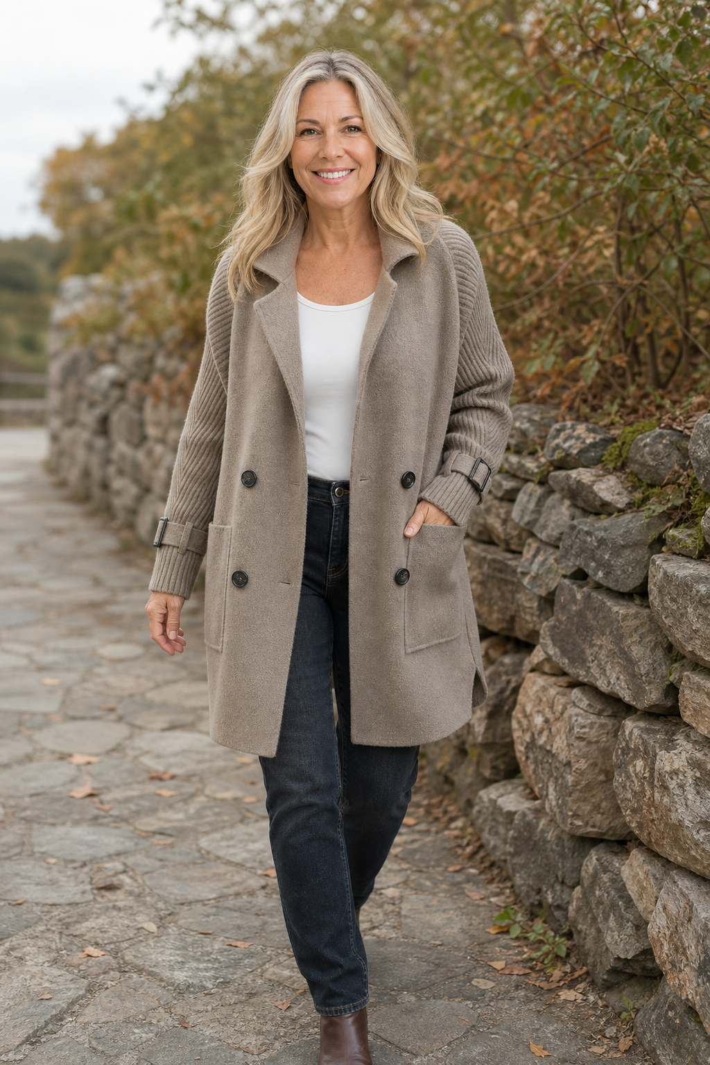 Isola Knit Sleeve Coat - Women's Double Breasted Long Coat